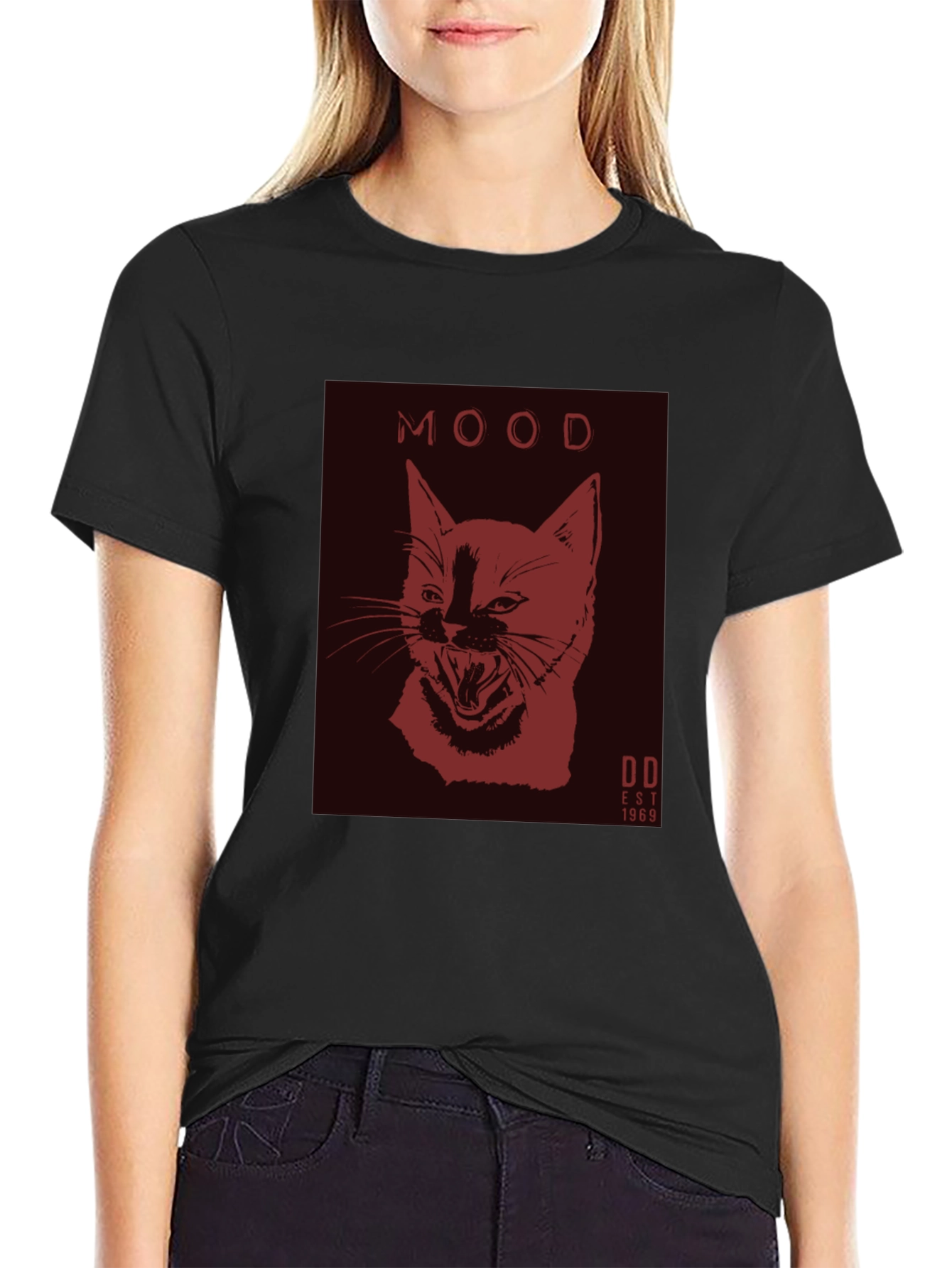 Black Moody Cat Graphic Tee - Black Cotton Comfort view 2