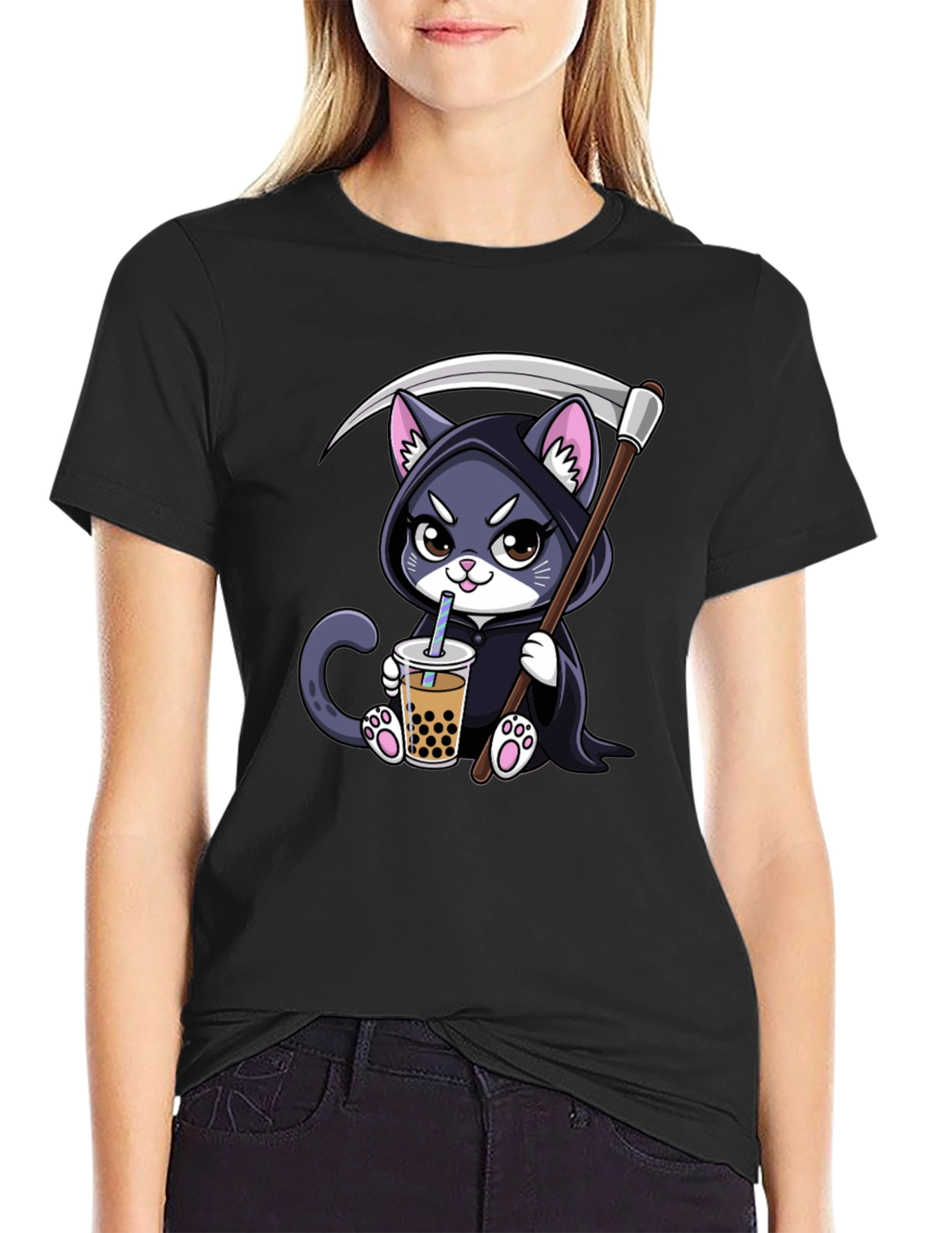 Black Grim Reaper Kitty Boba Tea T-Shirt view 2