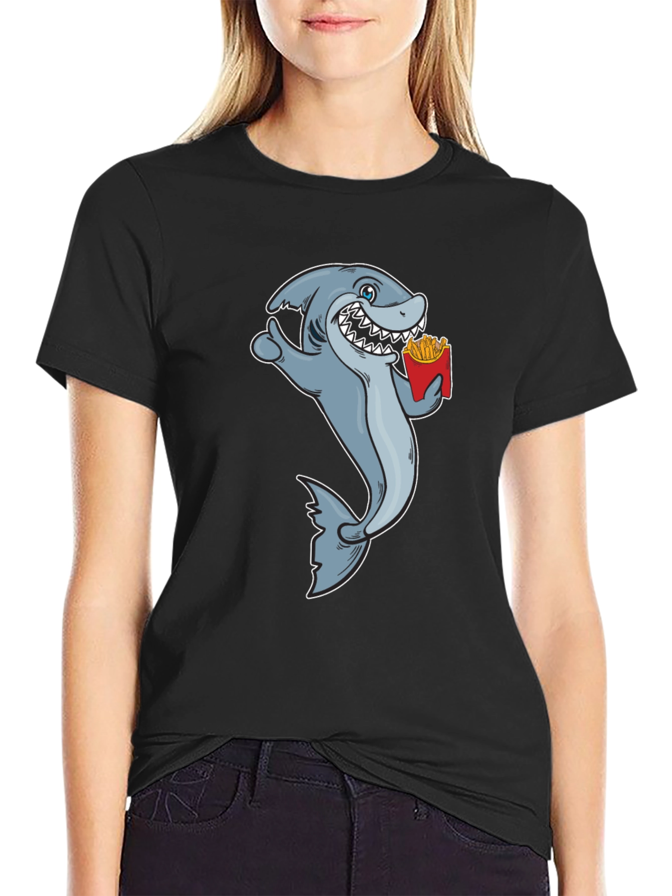 Black Shark Eating Fries Graphic Tee - Black Cotton T-Shirt view 2