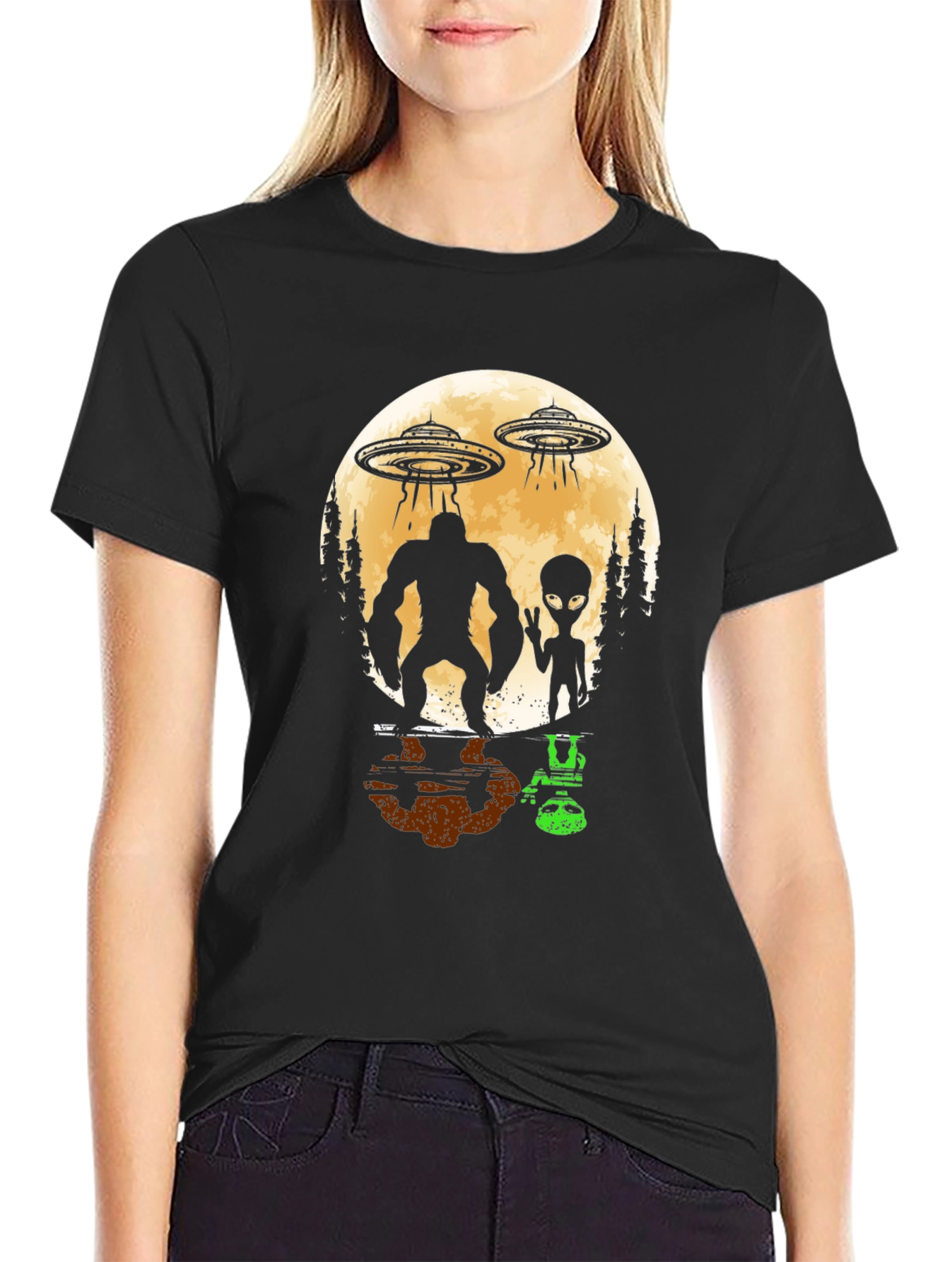 Black Bigfoot & Alien UFO Graphic Tee - Black view 2