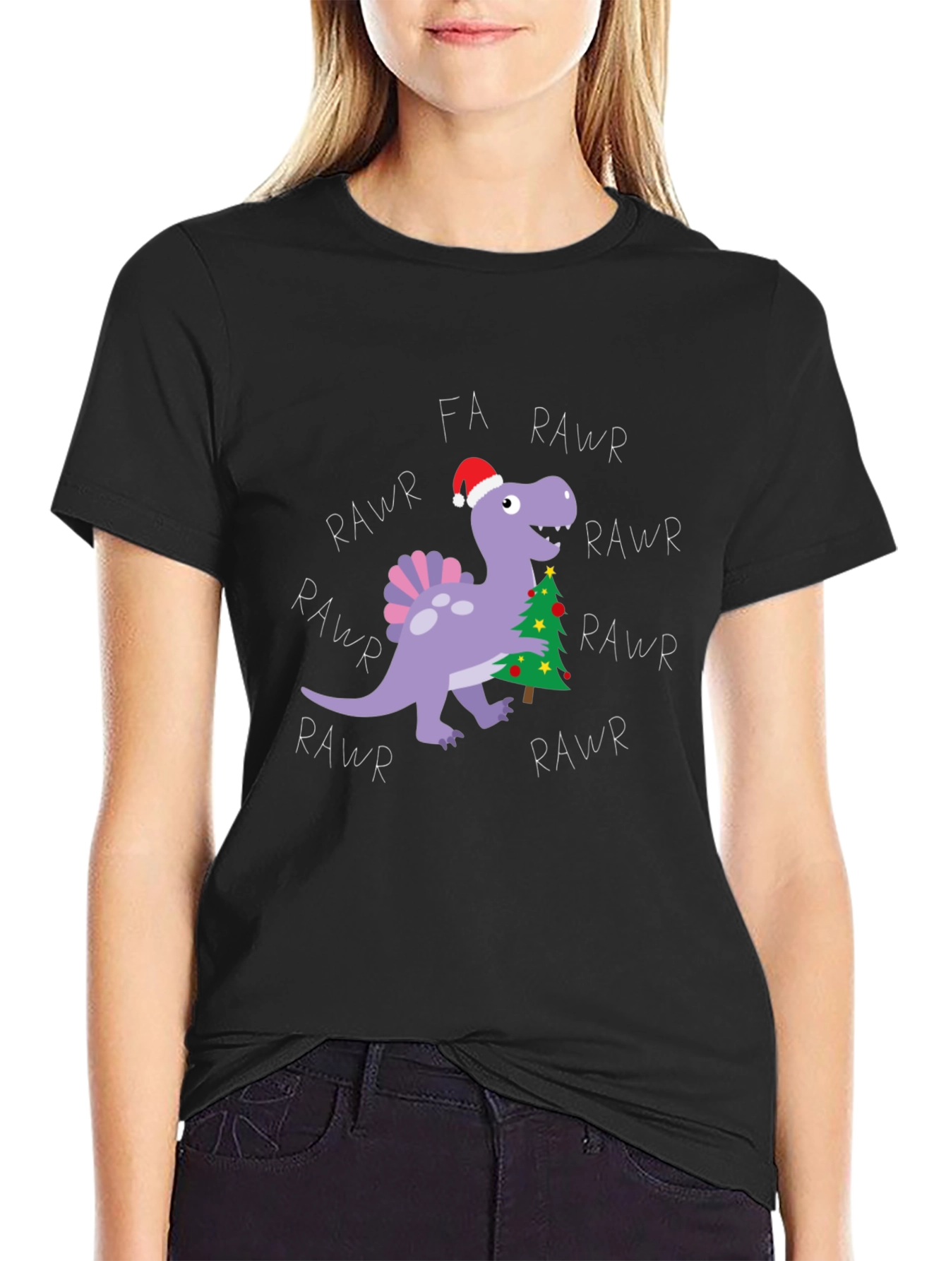 Black Fa Rawr Rawr Dinosaur Christmas T-Shirt view 2