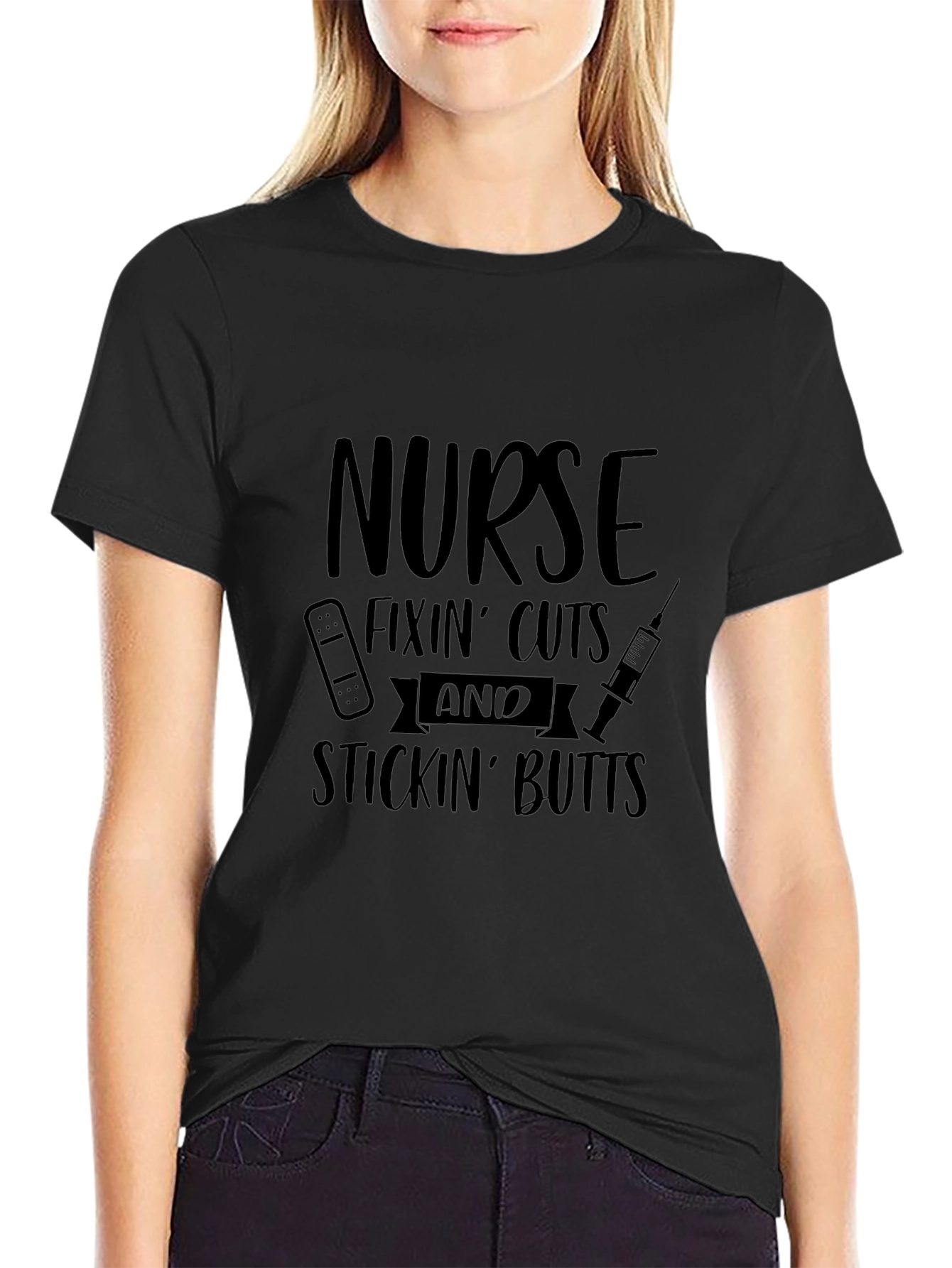 Black Nurse Fixin' Cuts & Stickin' Butts Black T-Shirt view 2