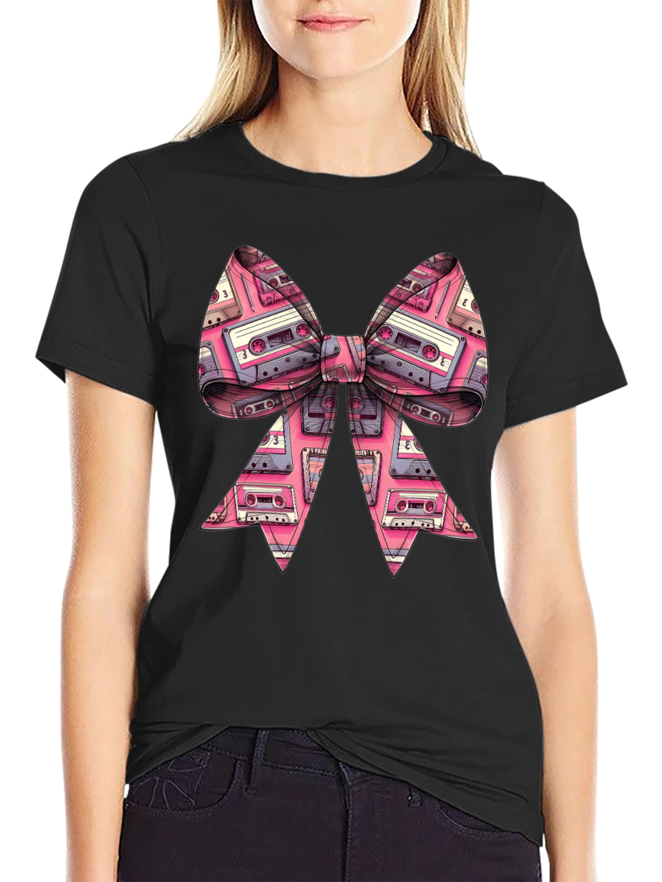 Black Retro Cassette Tape Bow Tie T-Shirt view 2