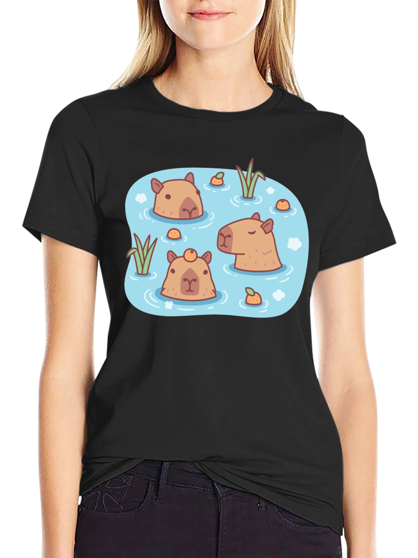 Black Capybara Pond T-Shirt - Relaxed Aquatic Design view 2