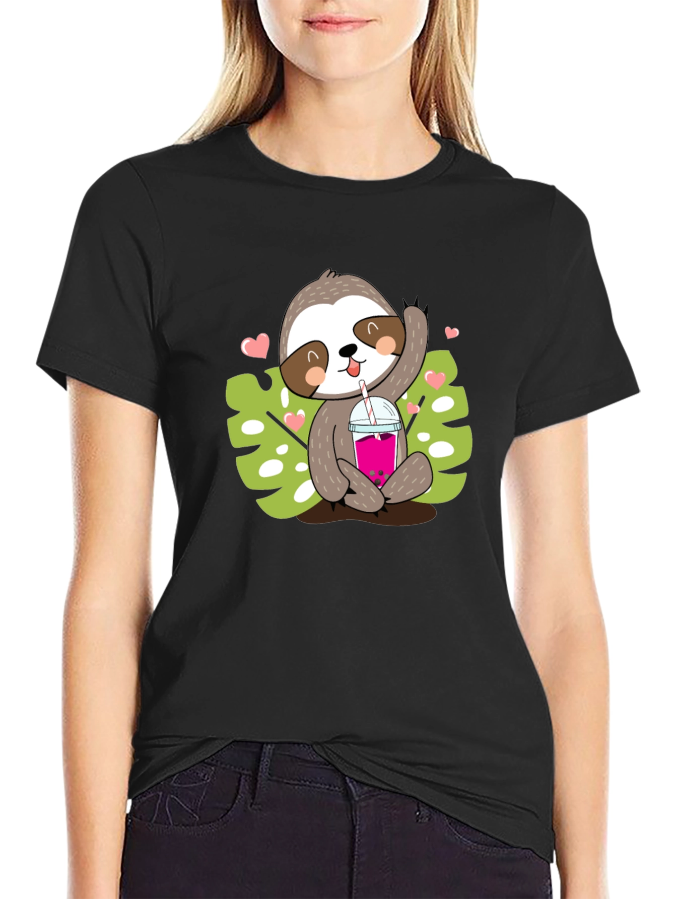Black Sloth Boba Tea Graphic Tee - Cute Cartoon Animal Shirt view 2