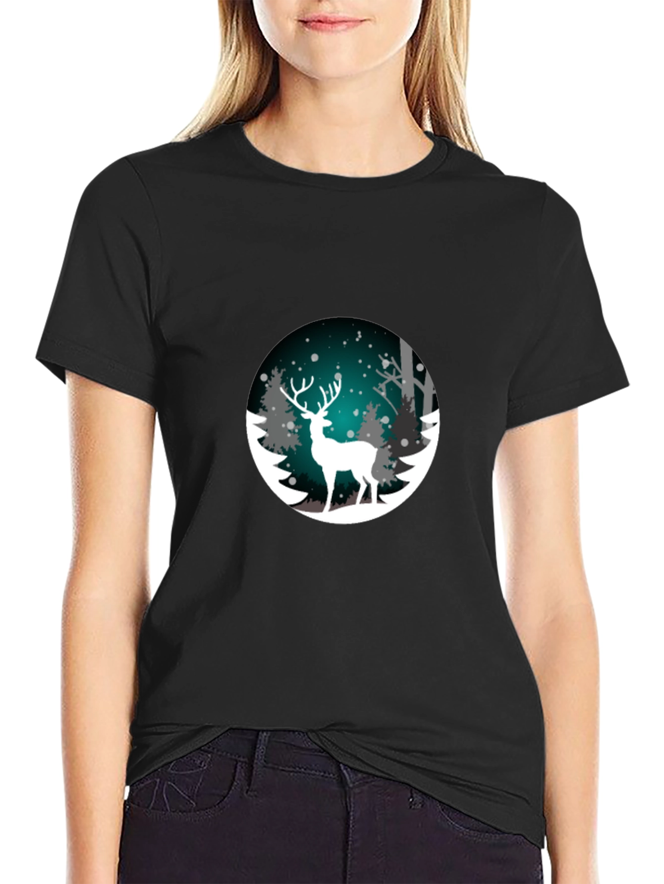 Black Winter Deer Graphic T-Shirt view 2