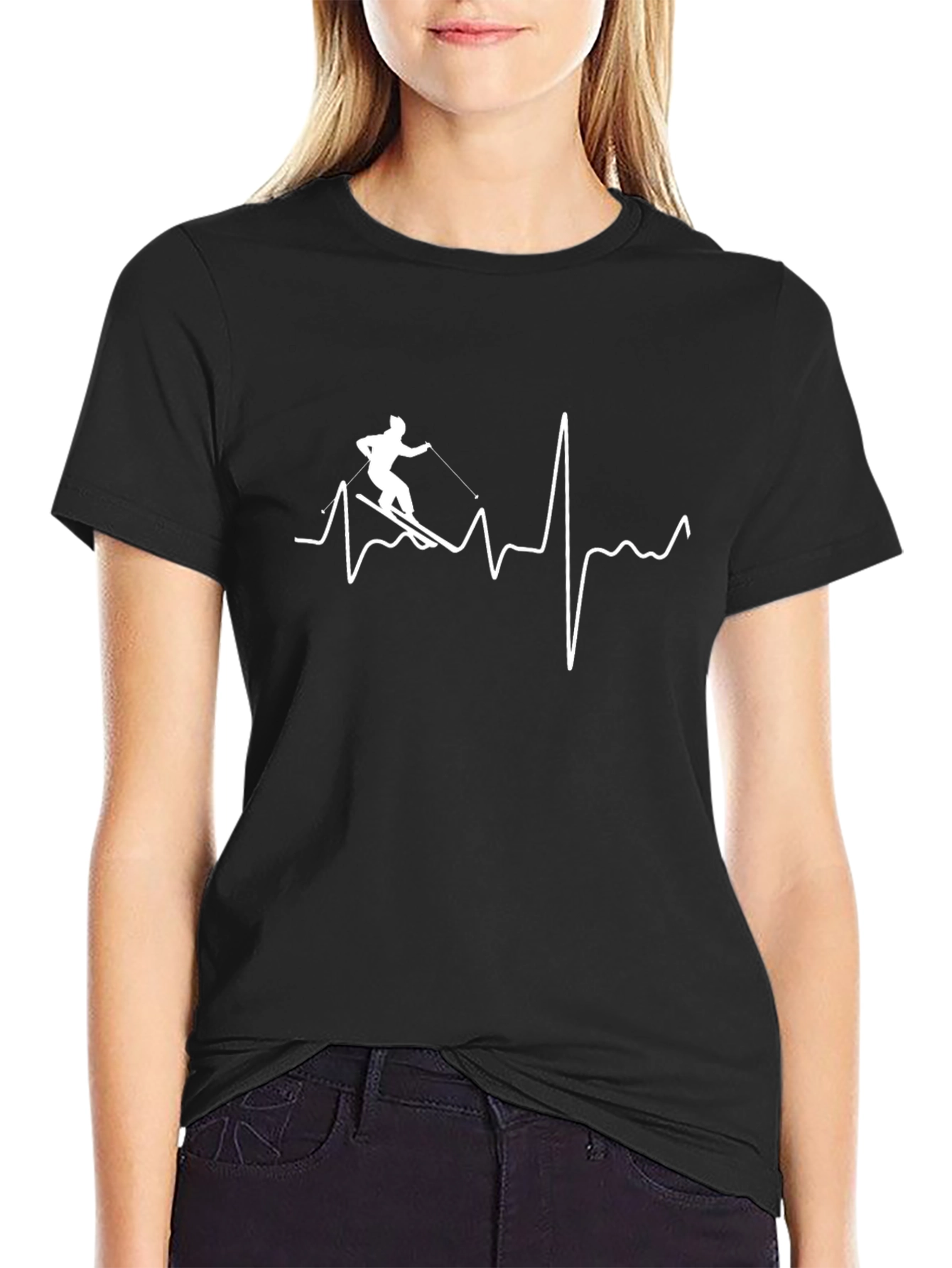 Black Skiing Heartbeat T-Shirt - Black view 2