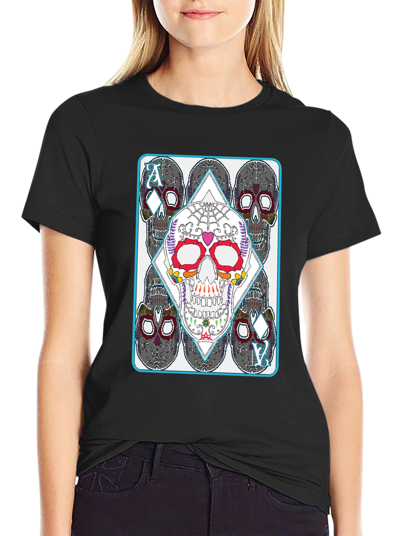 Black Sugar Skull Ace of Diamonds Graphic T-Shirt view 2