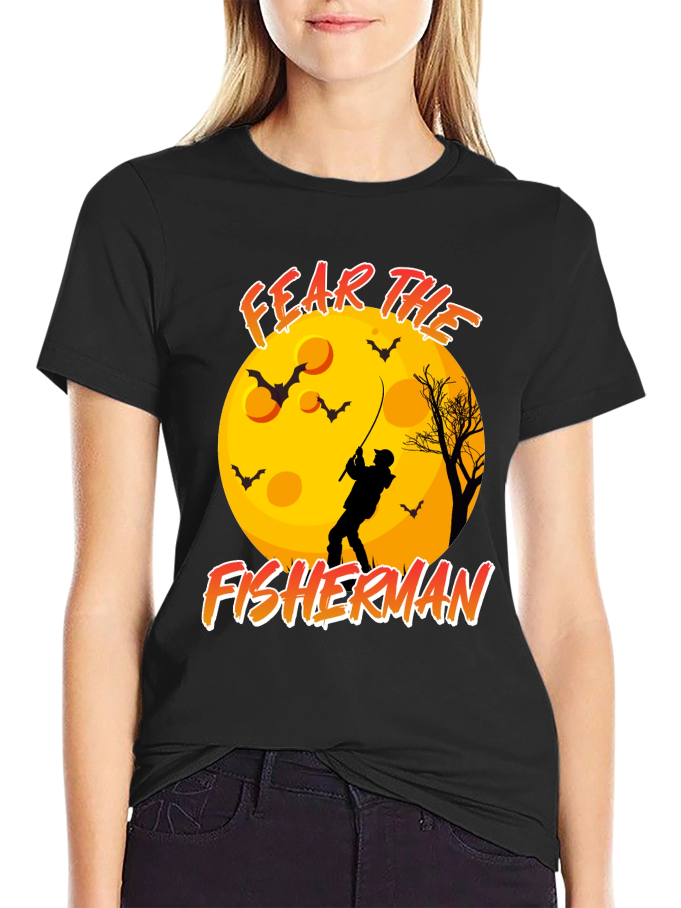 Black Fear the Fisherman Black T-Shirt Halloween Moon Bats view 2