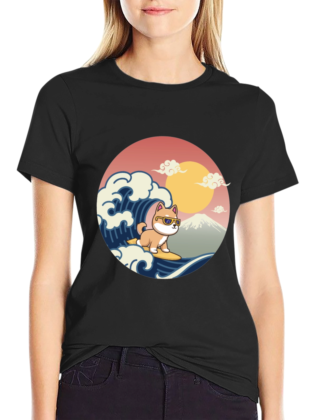 Black Surfing Shiba Inu T-Shirt - Cool Dog Wave Design view 2