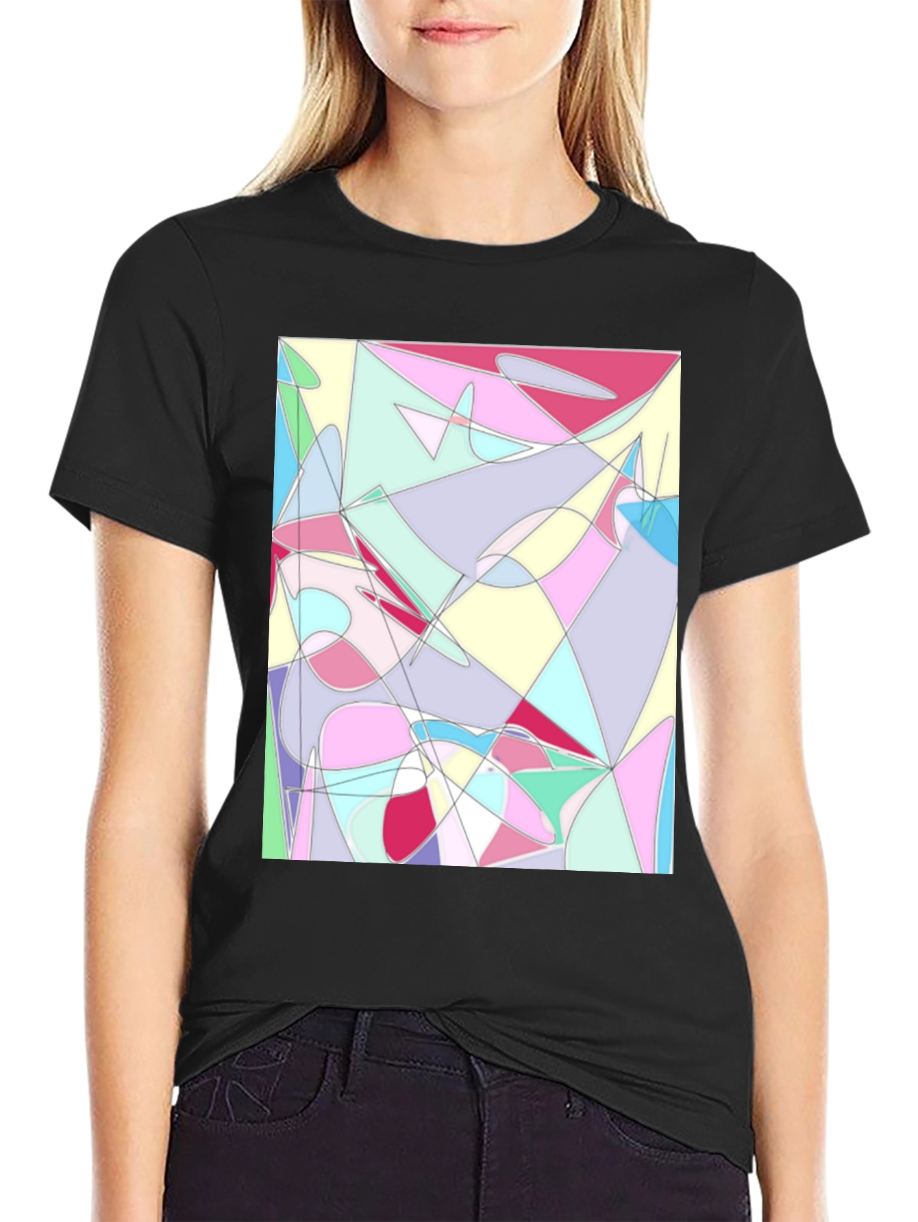 Black Abstract Geometric Print Black T-Shirt view 2
