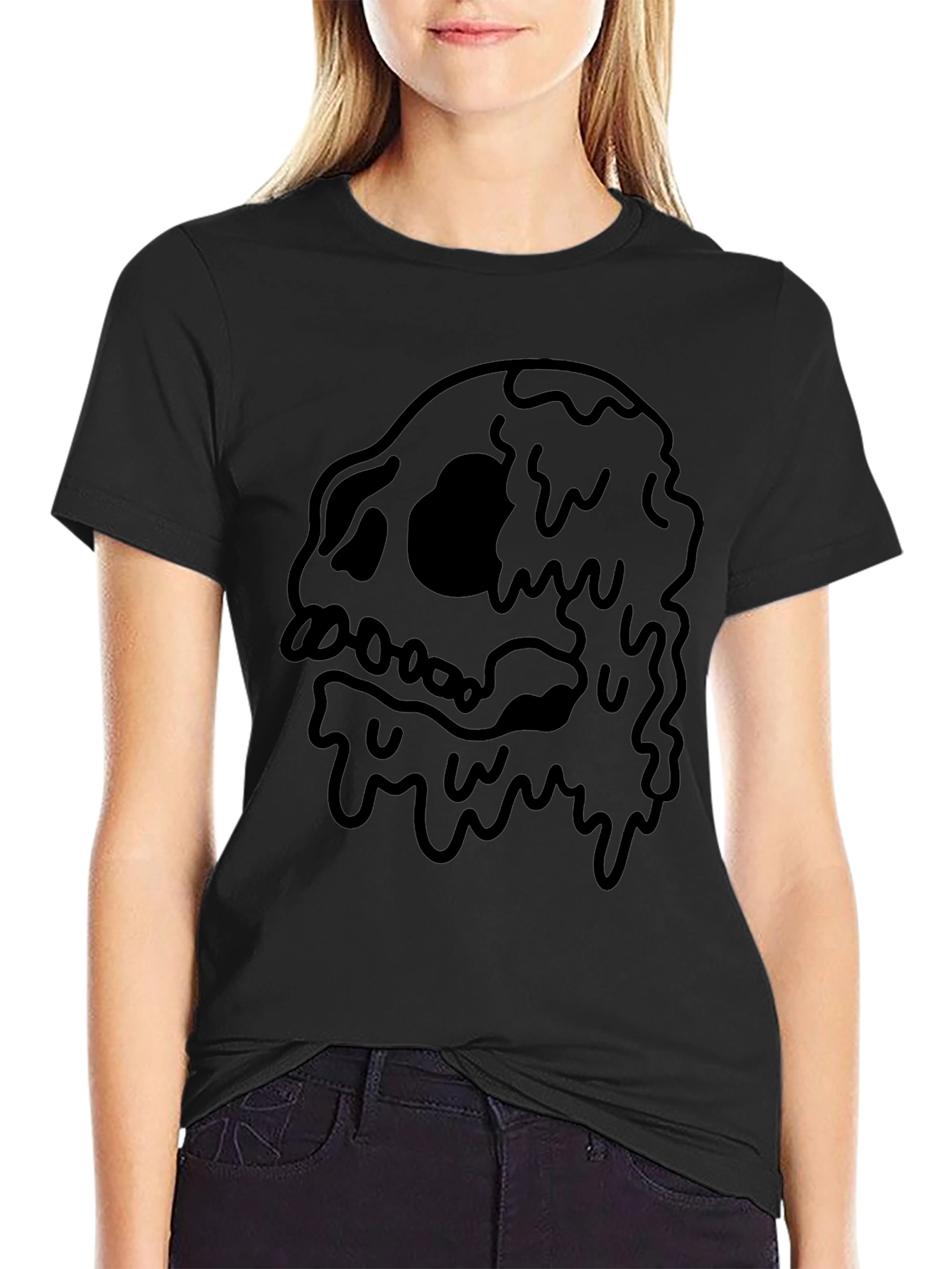 Black Men's Black T-Shirt with Dripping Skull Graphic view 2