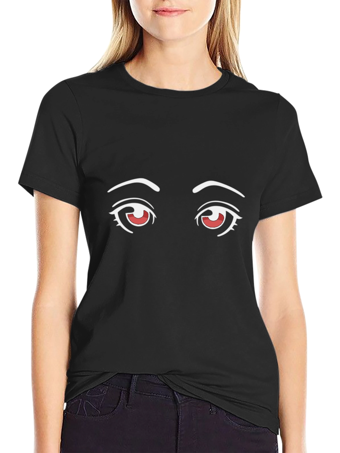Black Anime Eyes Graphic Tee - Black Cotton T-Shirt view 2