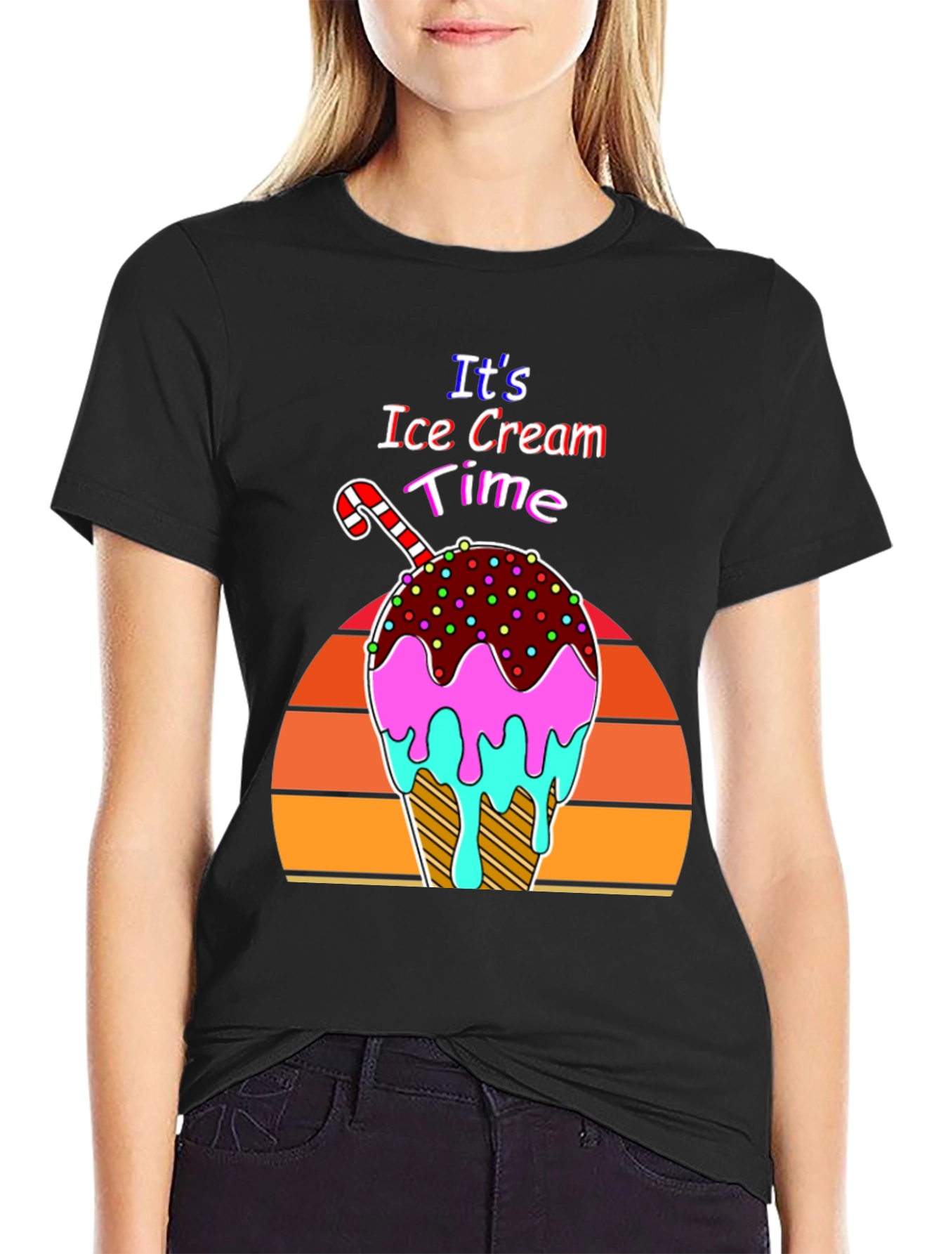 Black It's Ice Cream Time Retro T-Shirt view 2