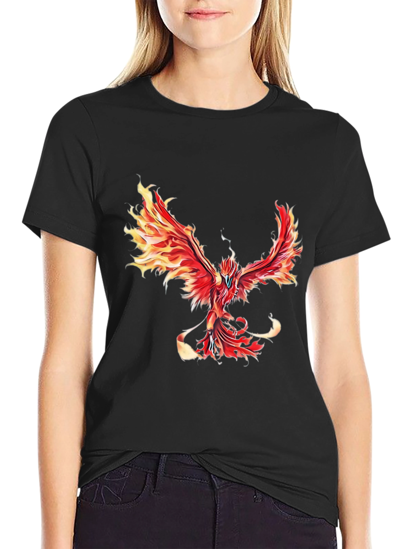 Black Fiery Phoenix Graphic Tee - Black Cotton Blend view 2