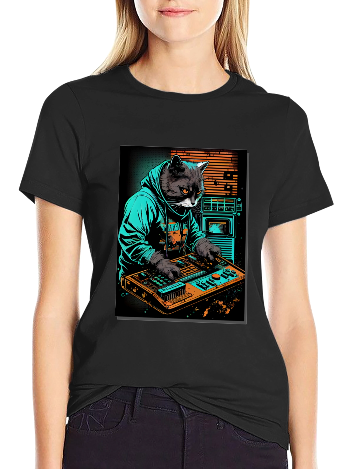 Black Cat DJ Graphic Tee - Cool Black T-Shirt view 2