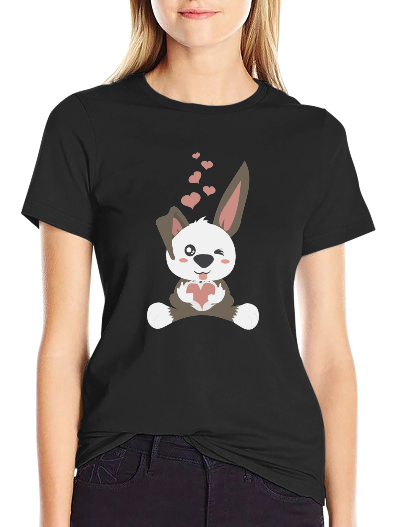 Black Cute Bunny Valentine's Day T-Shirt view 2