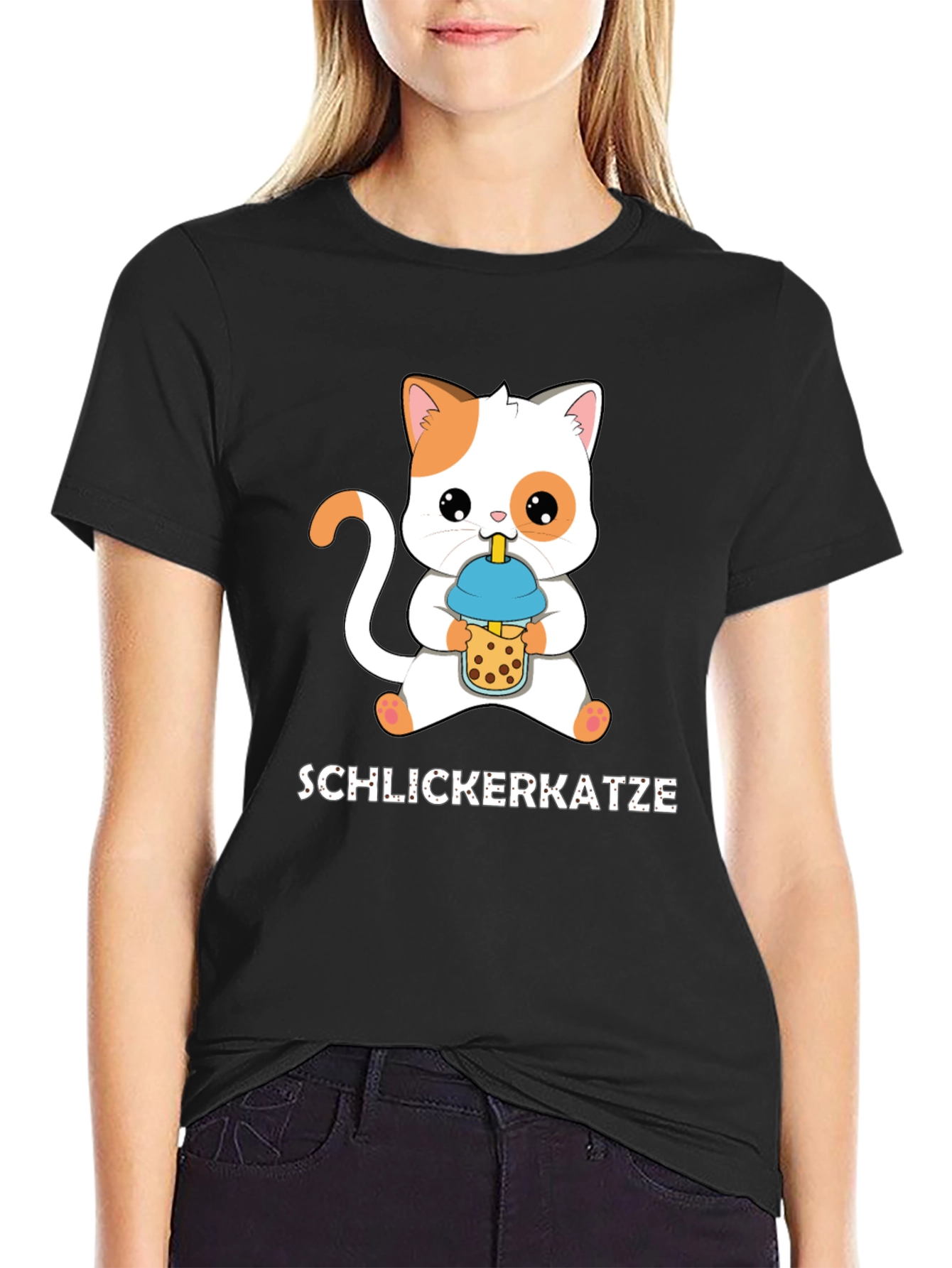 Black Schlickerkatze Cat Boba Tea T-Shirt view 2