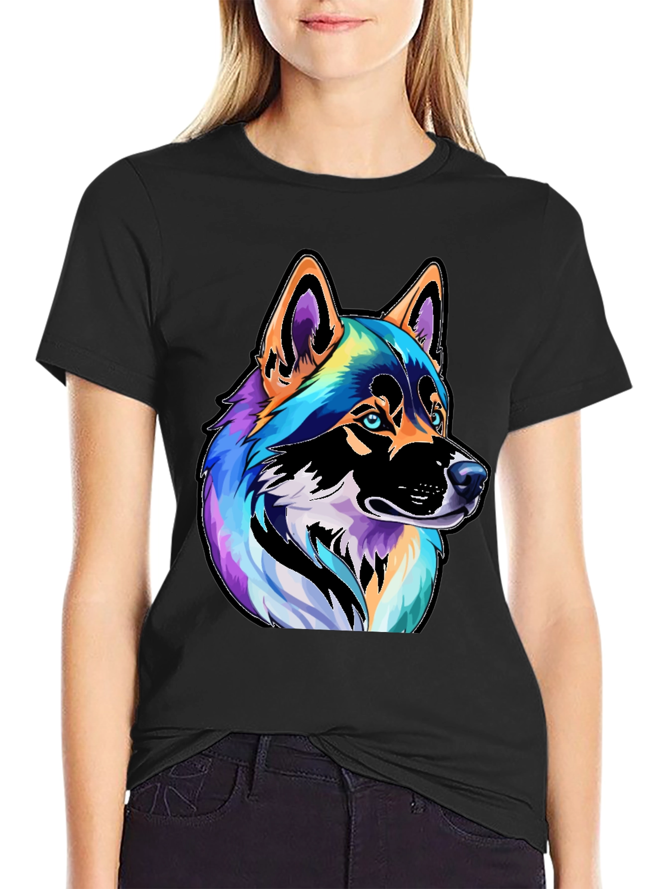 Black Colorful Husky Dog Graphic Tee - Black view 2