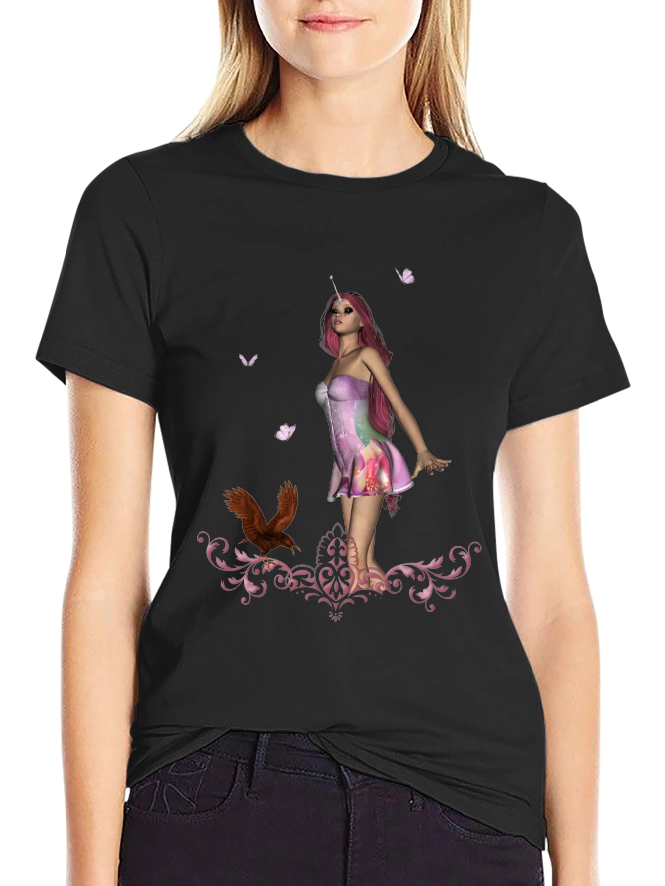 Black Unicorn Fairy Graphic Print T-Shirt view 2