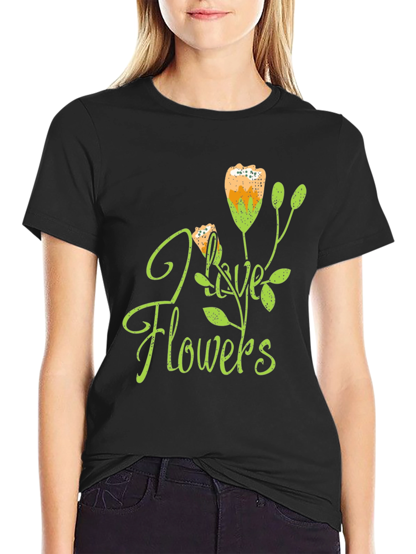 Black I Love Flowers Graphic Tee - Black Cotton Blend view 2