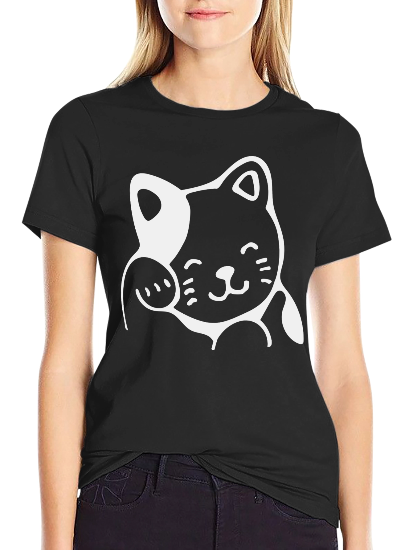 Black Cute Cat Graphic Tee - Black Cotton Comfort view 2