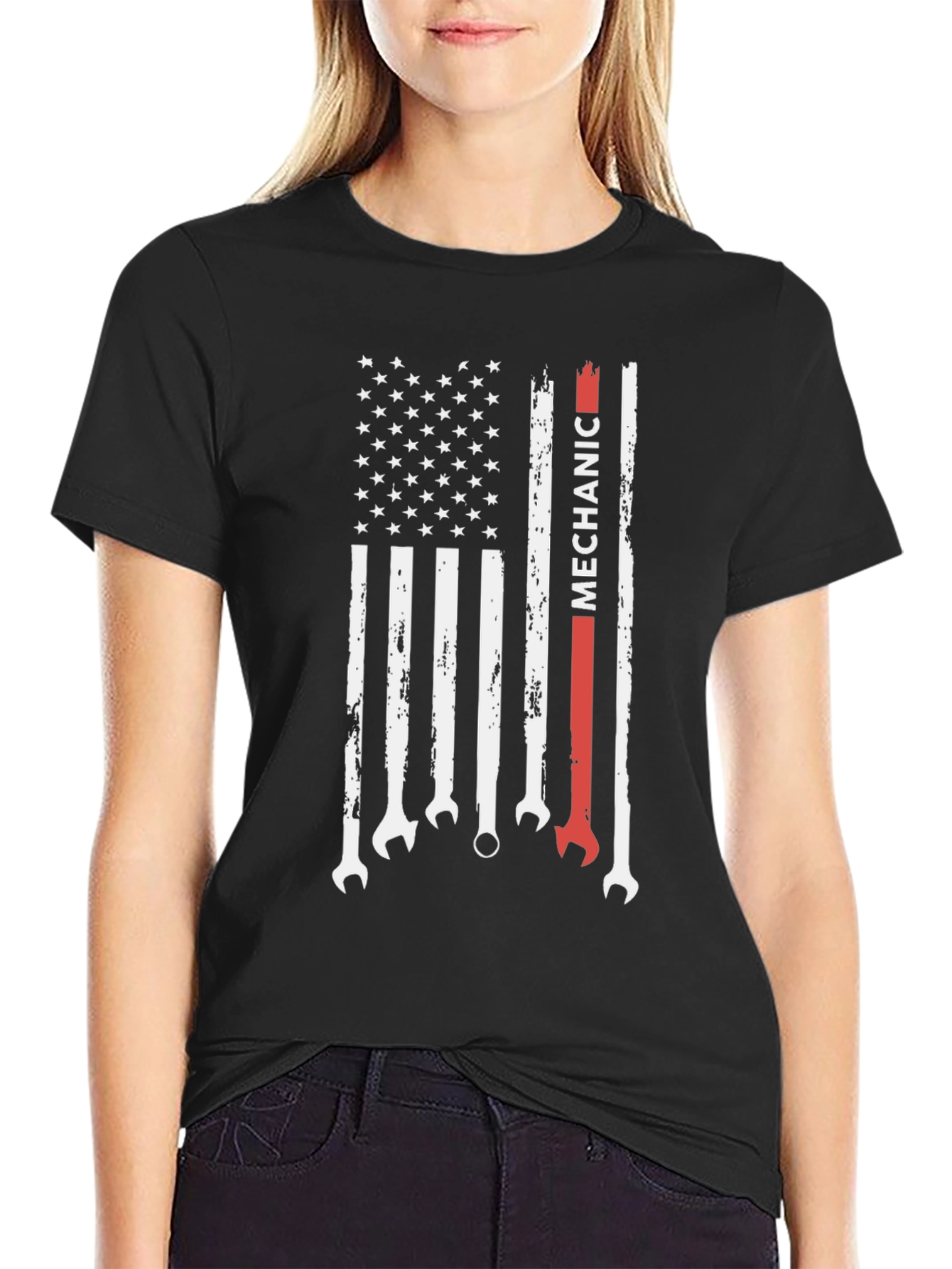 Black Mechanic American Flag Graphic Tee - Patriotic Wrench T-Shirt view 2