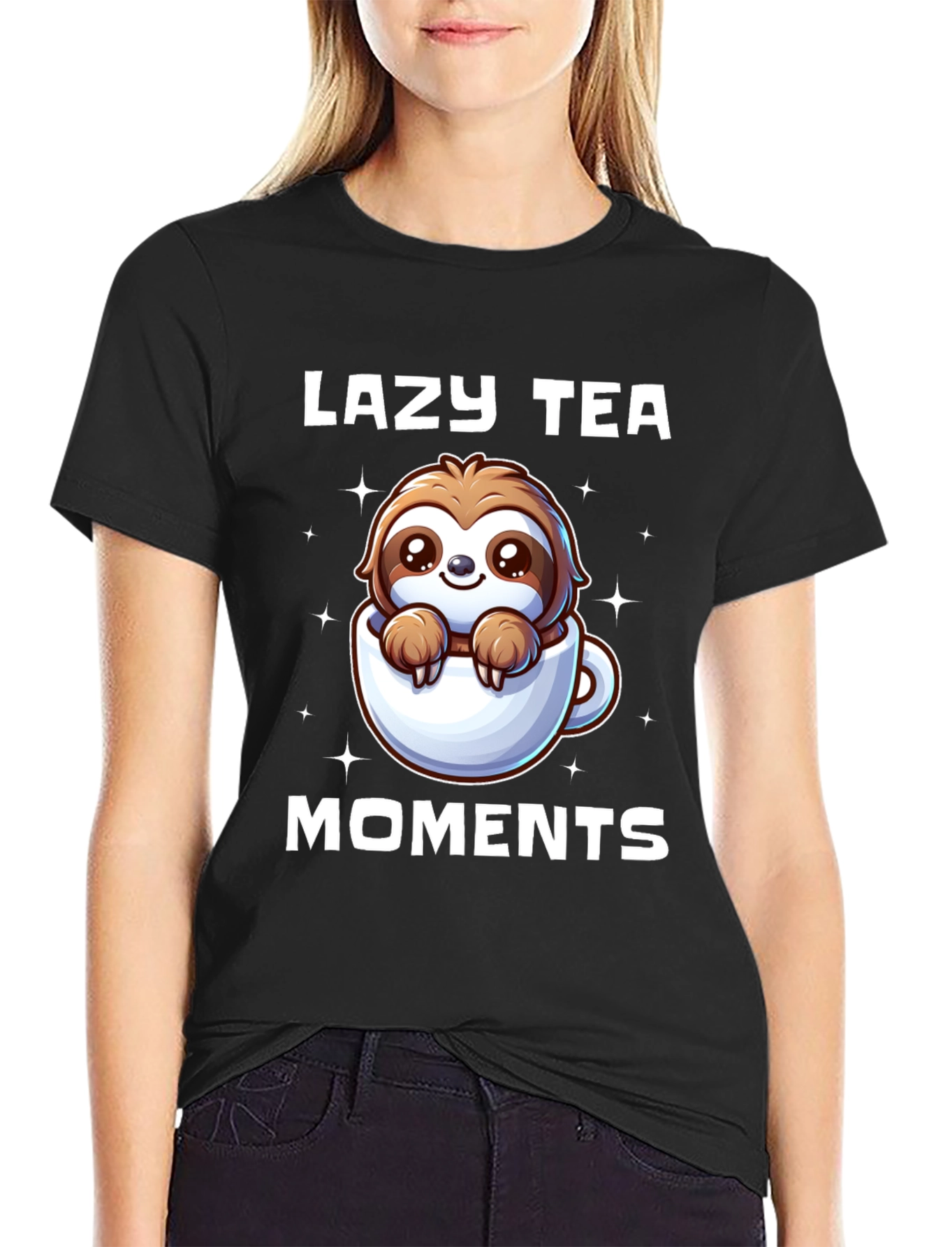 Black Lazy Tea Moments Sloth T-Shirt - Cute & Comfy view 2