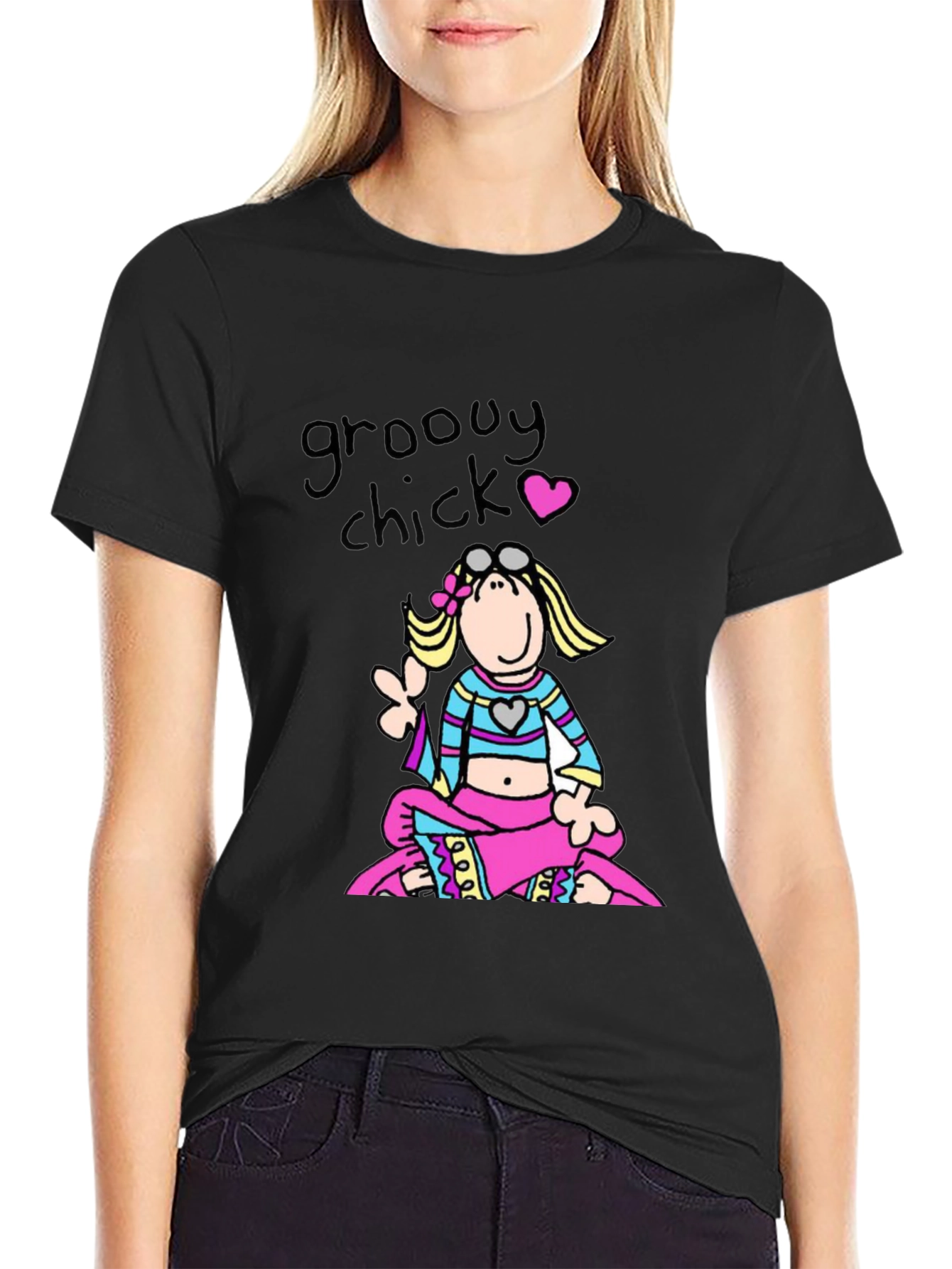 Black Groovy Chick Graphic Tee - Retro 70s Style T-Shirt view 2