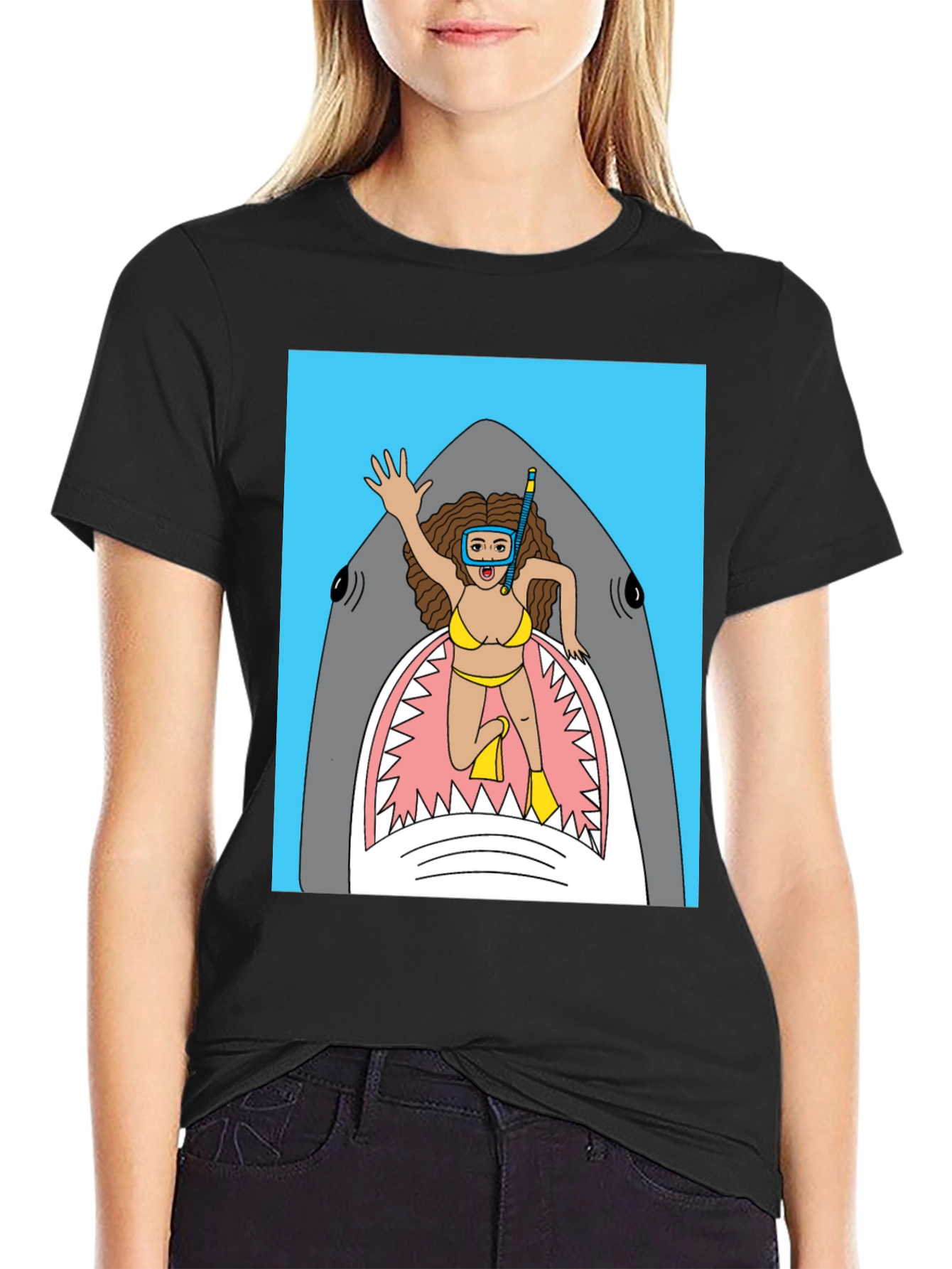 Black Shark Diver Graphic Tee - Funny Cartoon T-Shirt view 2