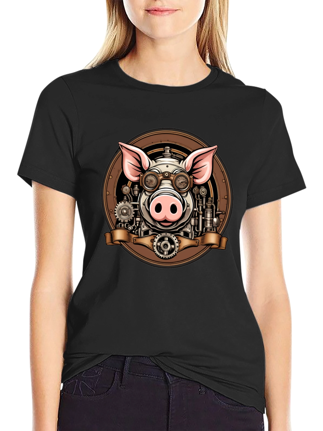 Black Steampunk Pig Graphic Tee - Unique Design view 2