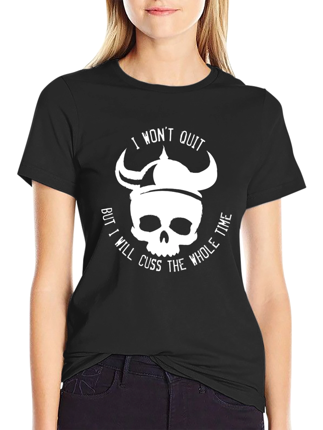 Black I Won't Quit Skull Viking Helmet T-Shirt view 2