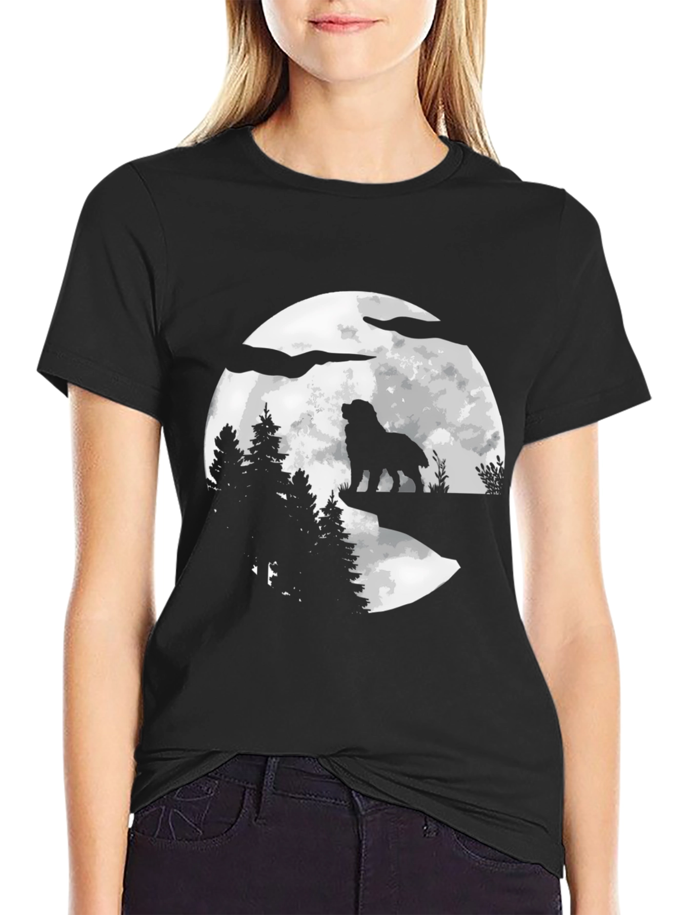 Black Wolf Moon Graphic Tee - Nature Lover's Black T-Shirt view 2