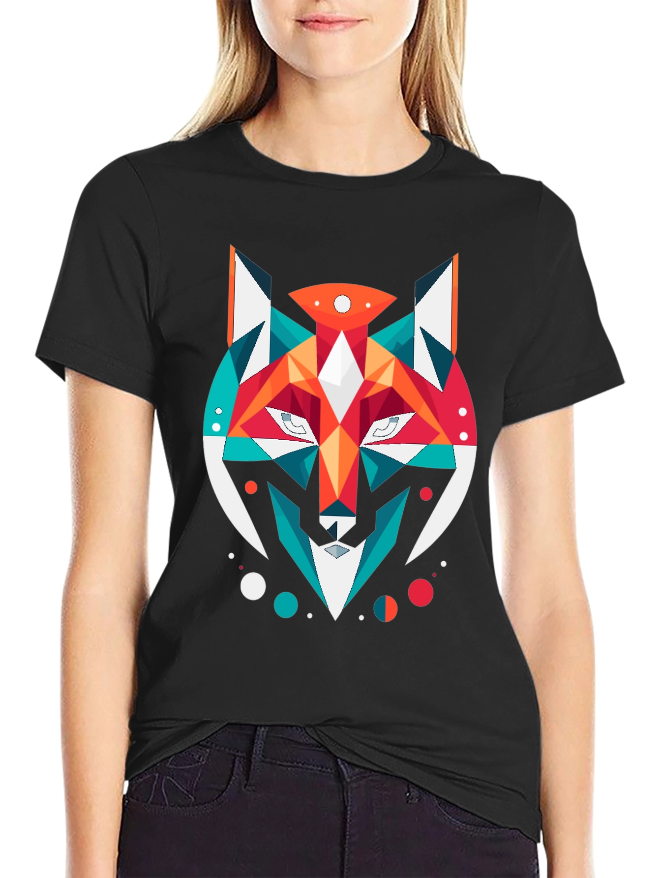 Black Geometric Fox Graphic Black T-Shirt view 2