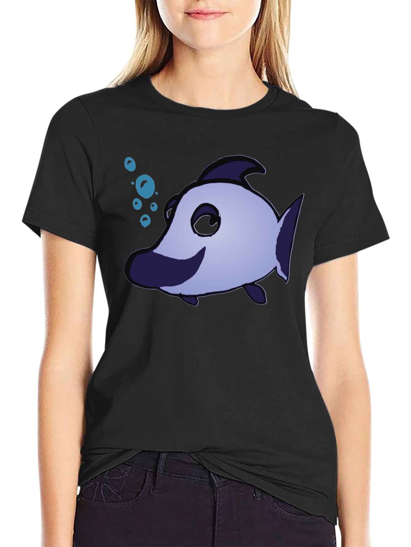 Black Funny Cartoon Fish T-Shirt view 2