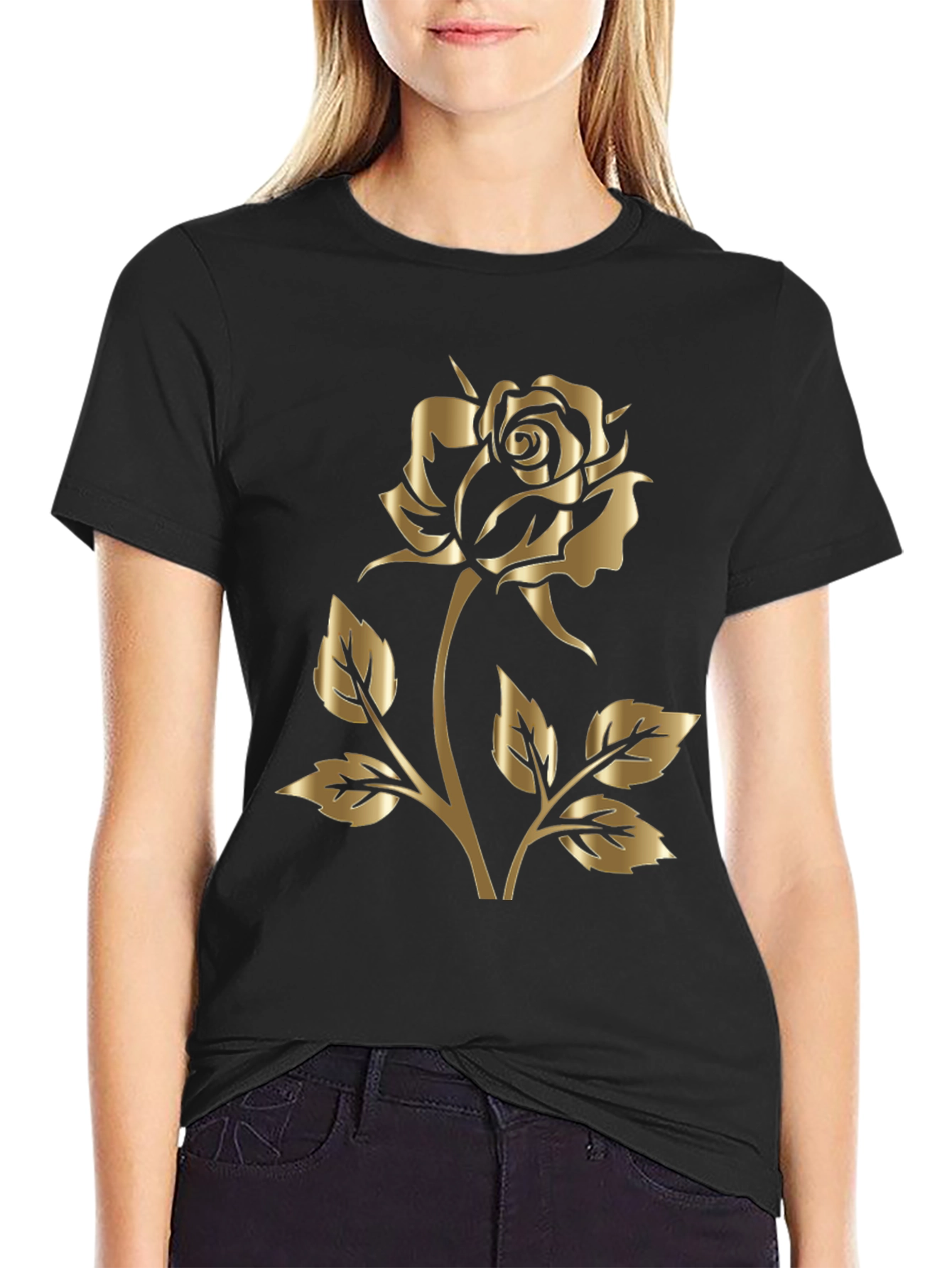 Black Gold Rose Graphic Black T-Shirt view 2
