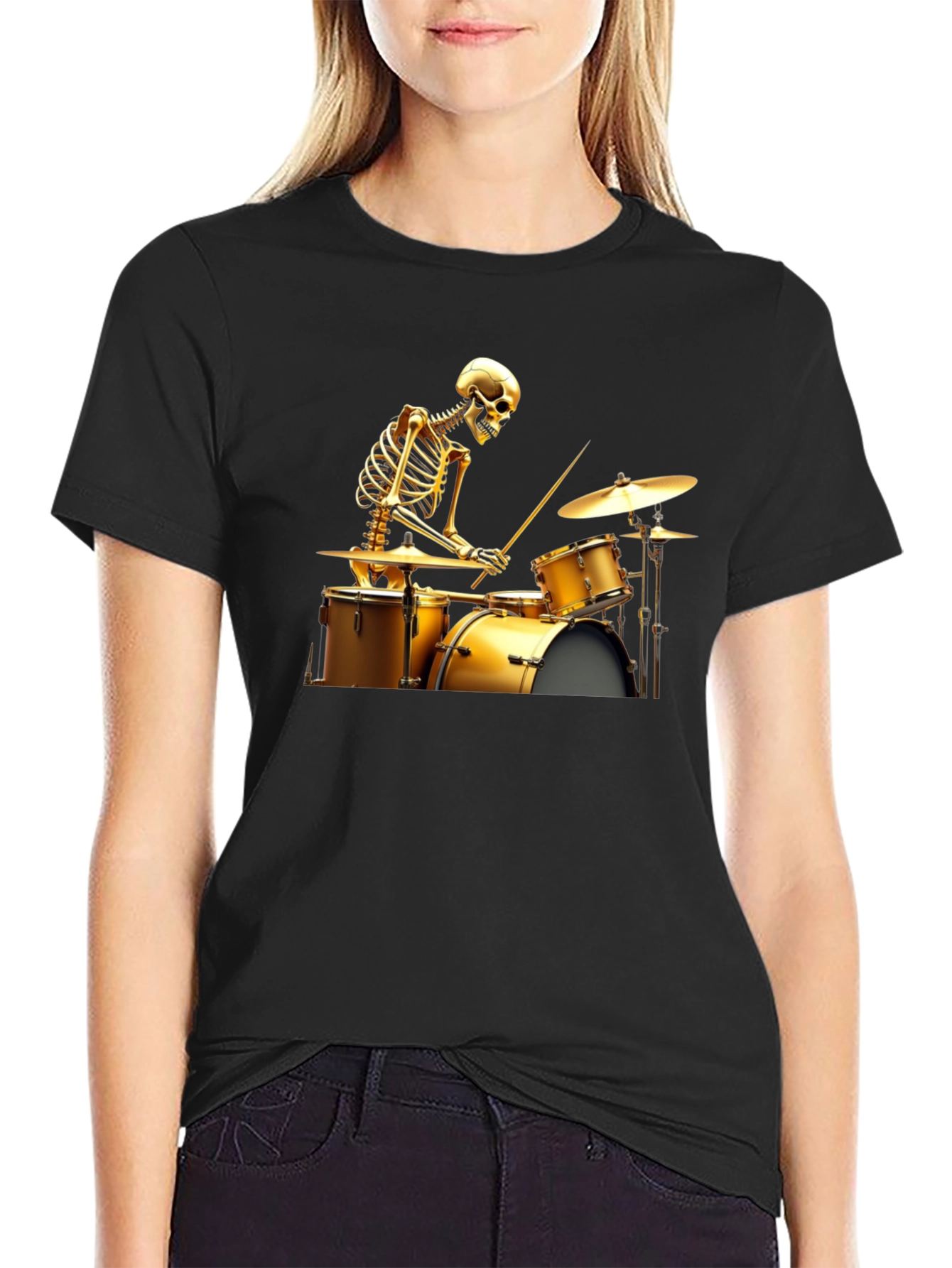 Black Skeleton Drummer Graphic Tee - Black T-Shirt view 2