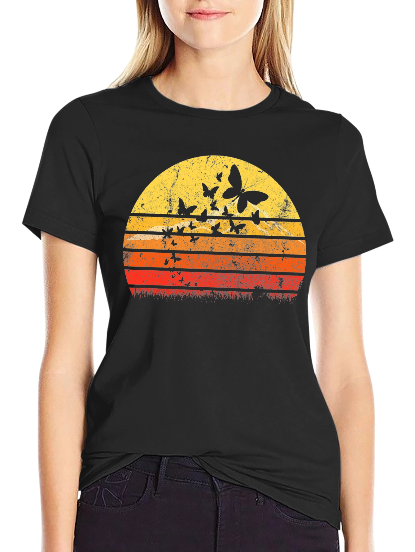 Black Retro Butterfly Sunset Graphic Tee view 2
