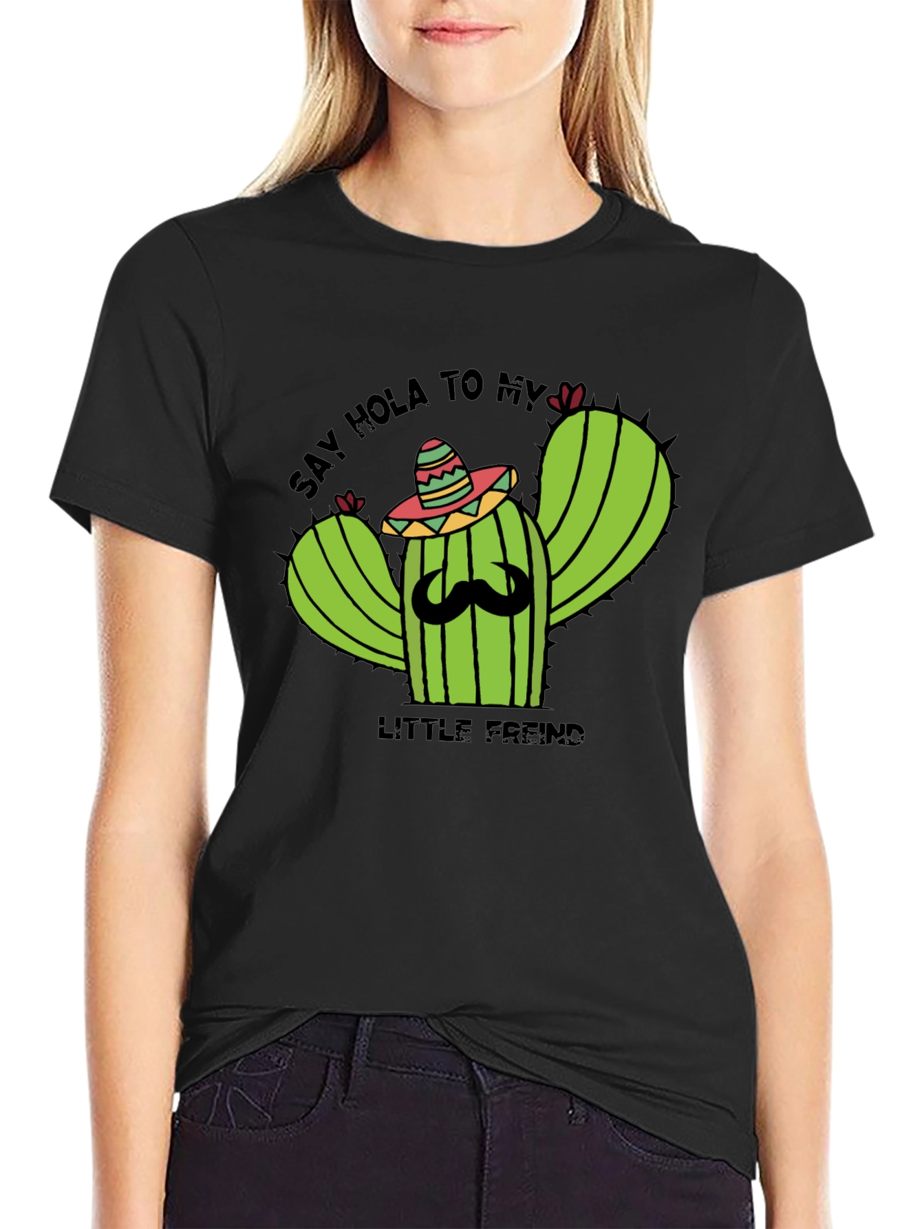 Black Hola Cactus T-Shirt - Funny Graphic Tee view 2