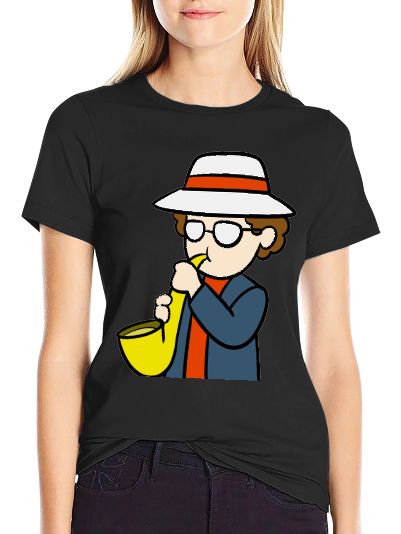 Black Cartoon Sax Player T-Shirt - Cool Graphic Tee view 2