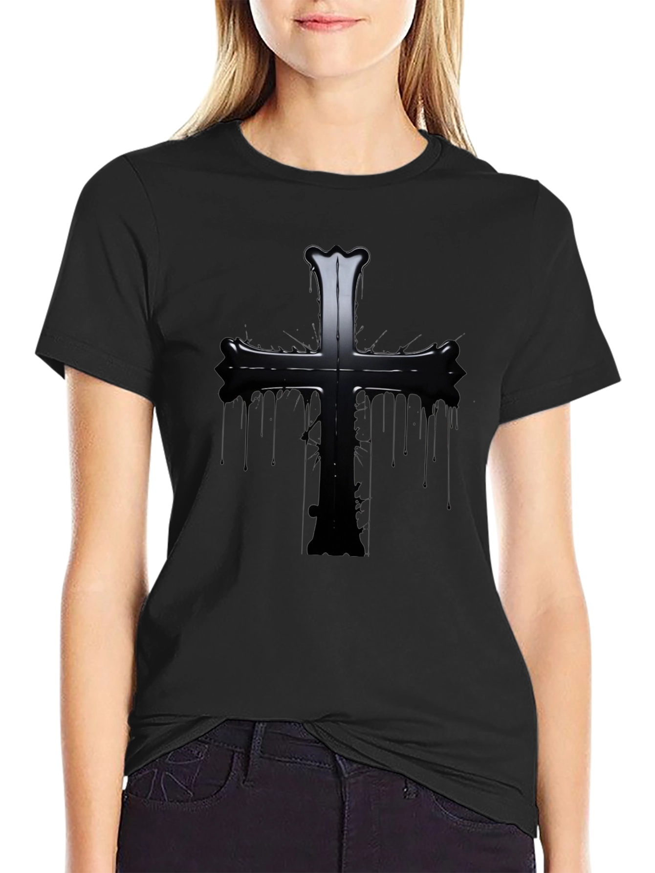 Black Gothic Cross Graphic Black T-Shirt view 2