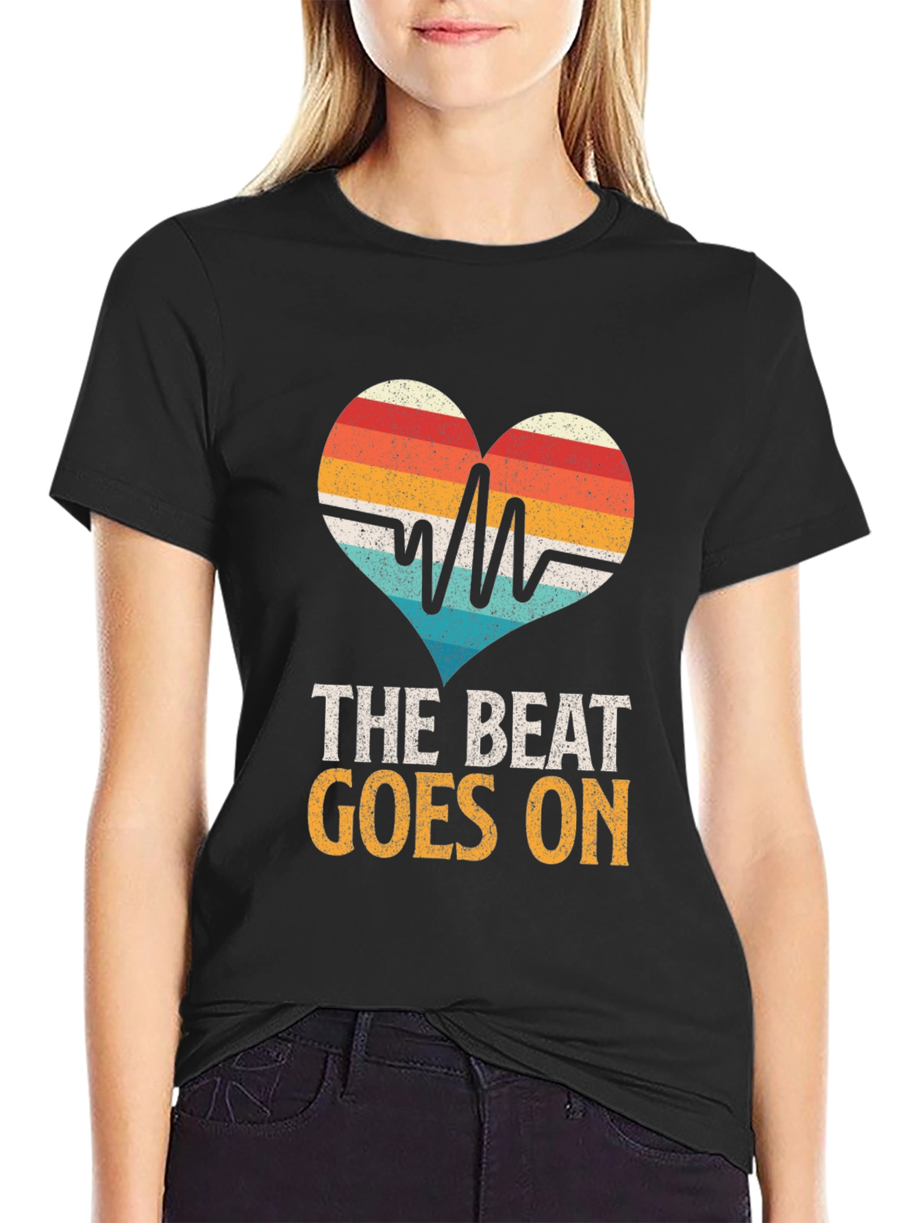 Black The Beat Goes On Heartbeat T-Shirt view 2