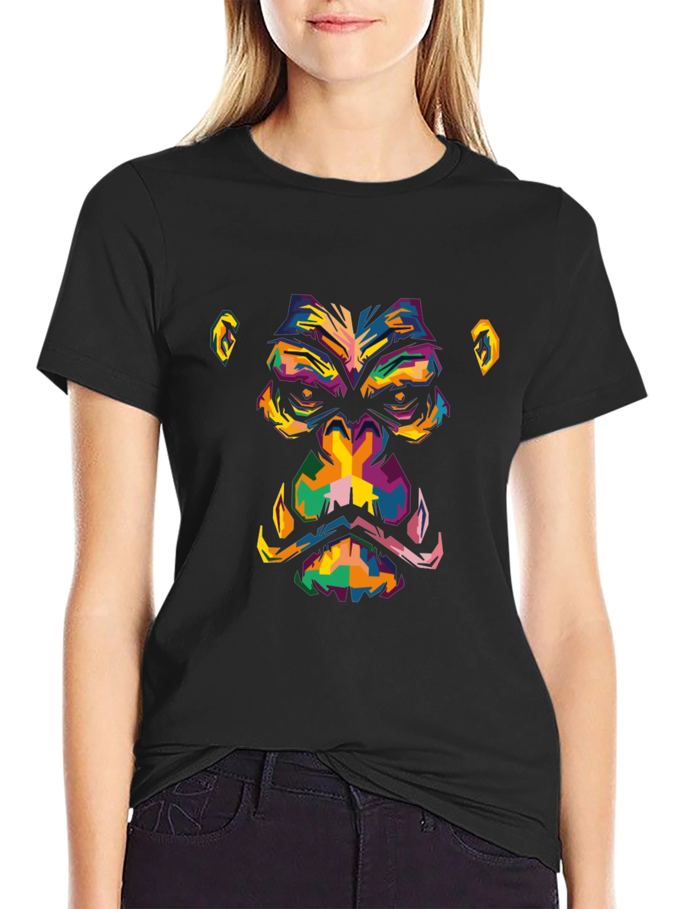 Black Abstract Gorilla Face Graphic Black T-Shirt view 2