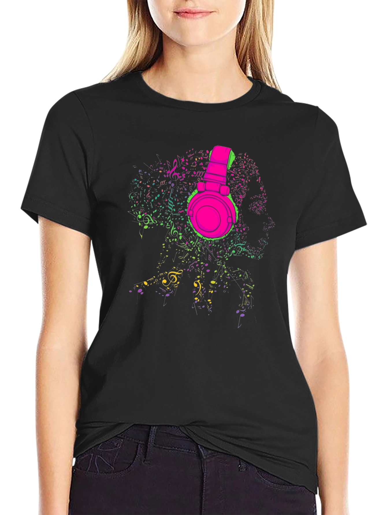 Black Neon Music Headphones Graphic T-Shirt view 2