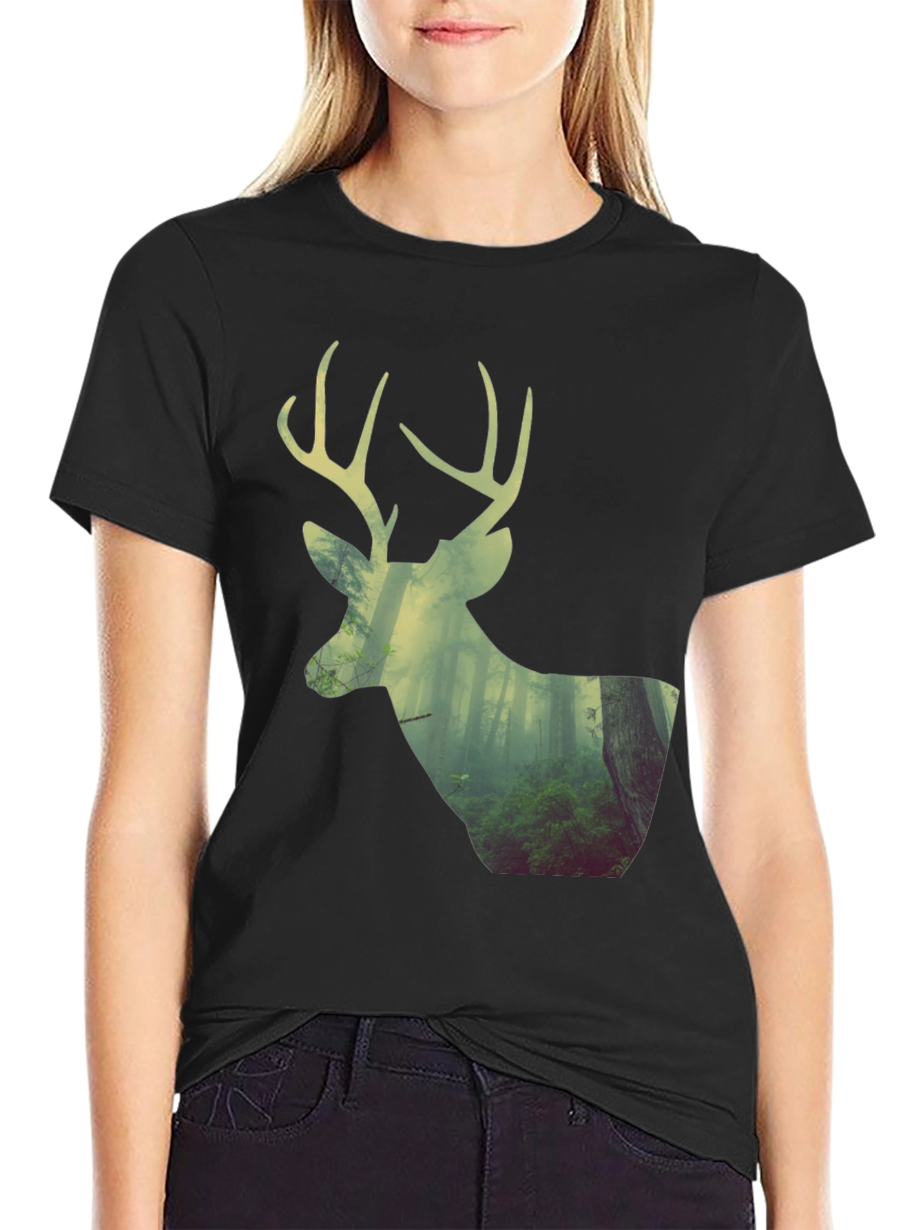 Black Deer Forest Graphic Print Black T-Shirt view 2
