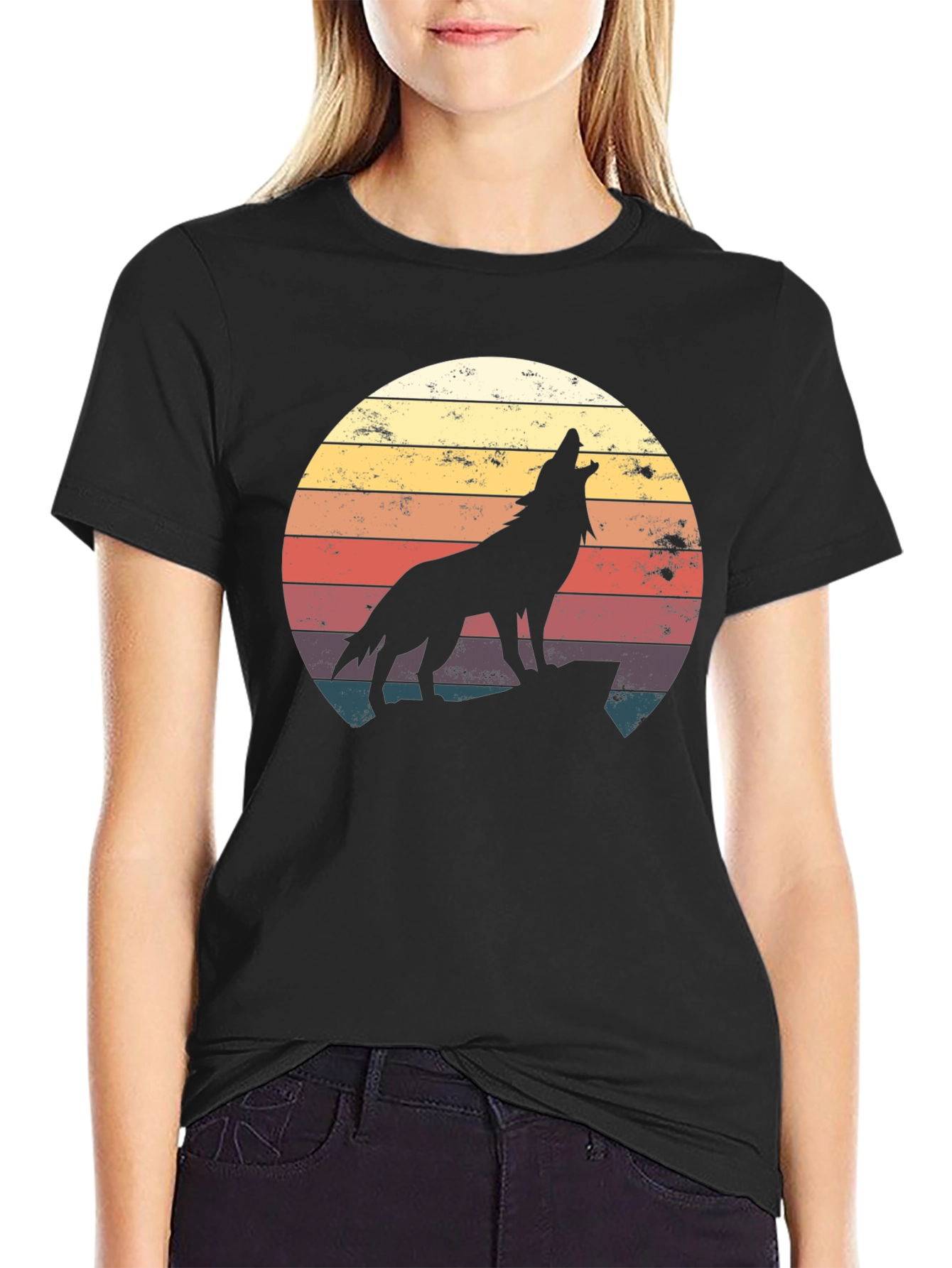 Black Retro Wolf Silhouette T-Shirt - Vintage Style view 2