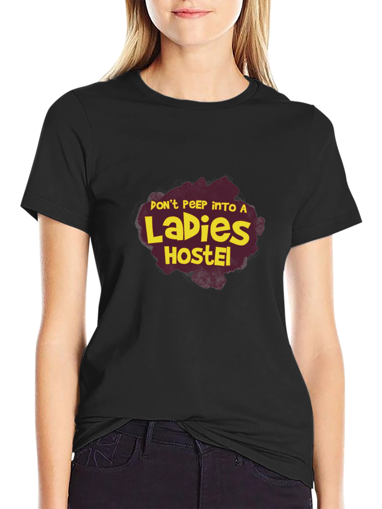 Black Don't Peep Ladies Hostel Graphic Tee view 2