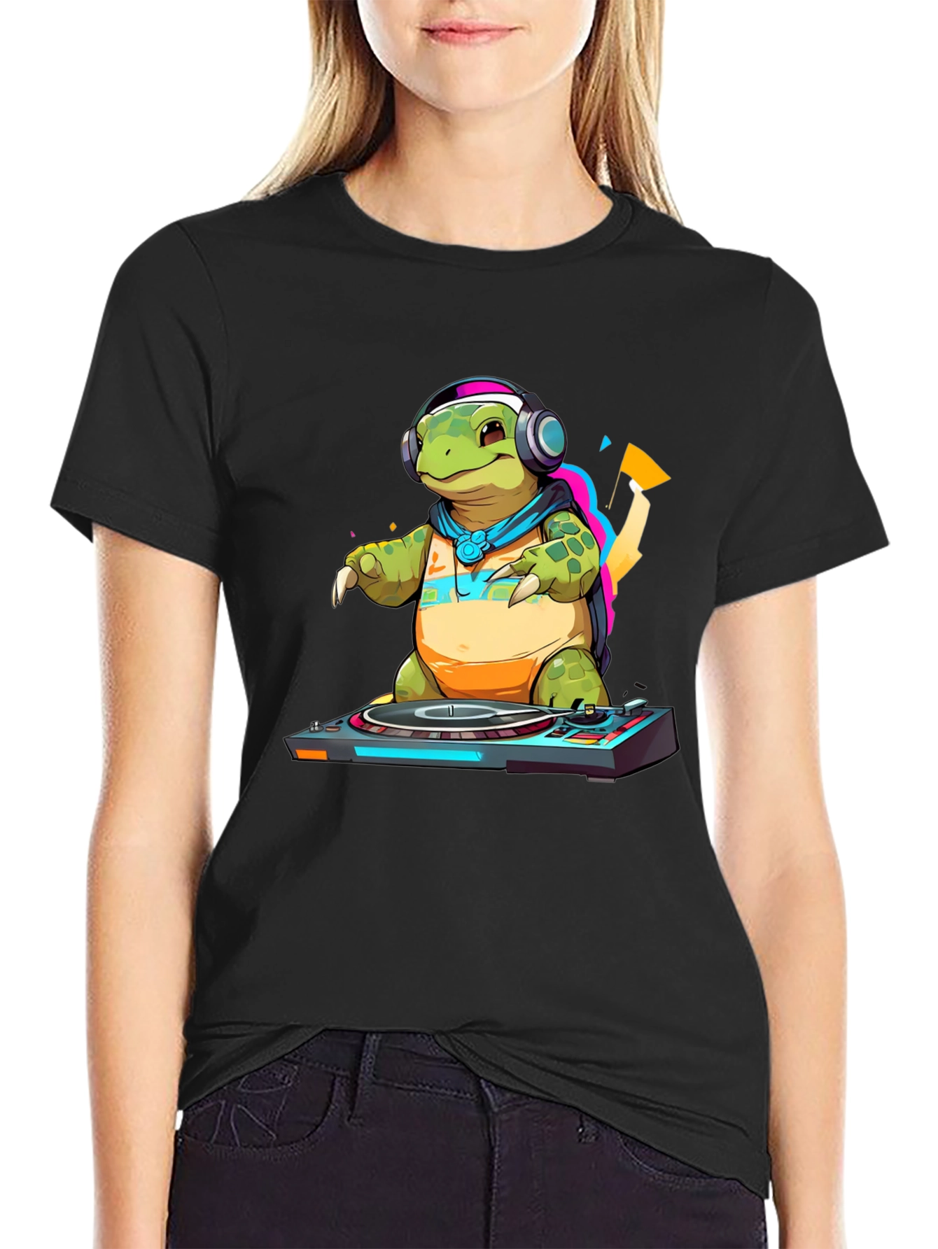 Black DJ Turtle Graphic Tee - Cool Animal T-Shirt view 2