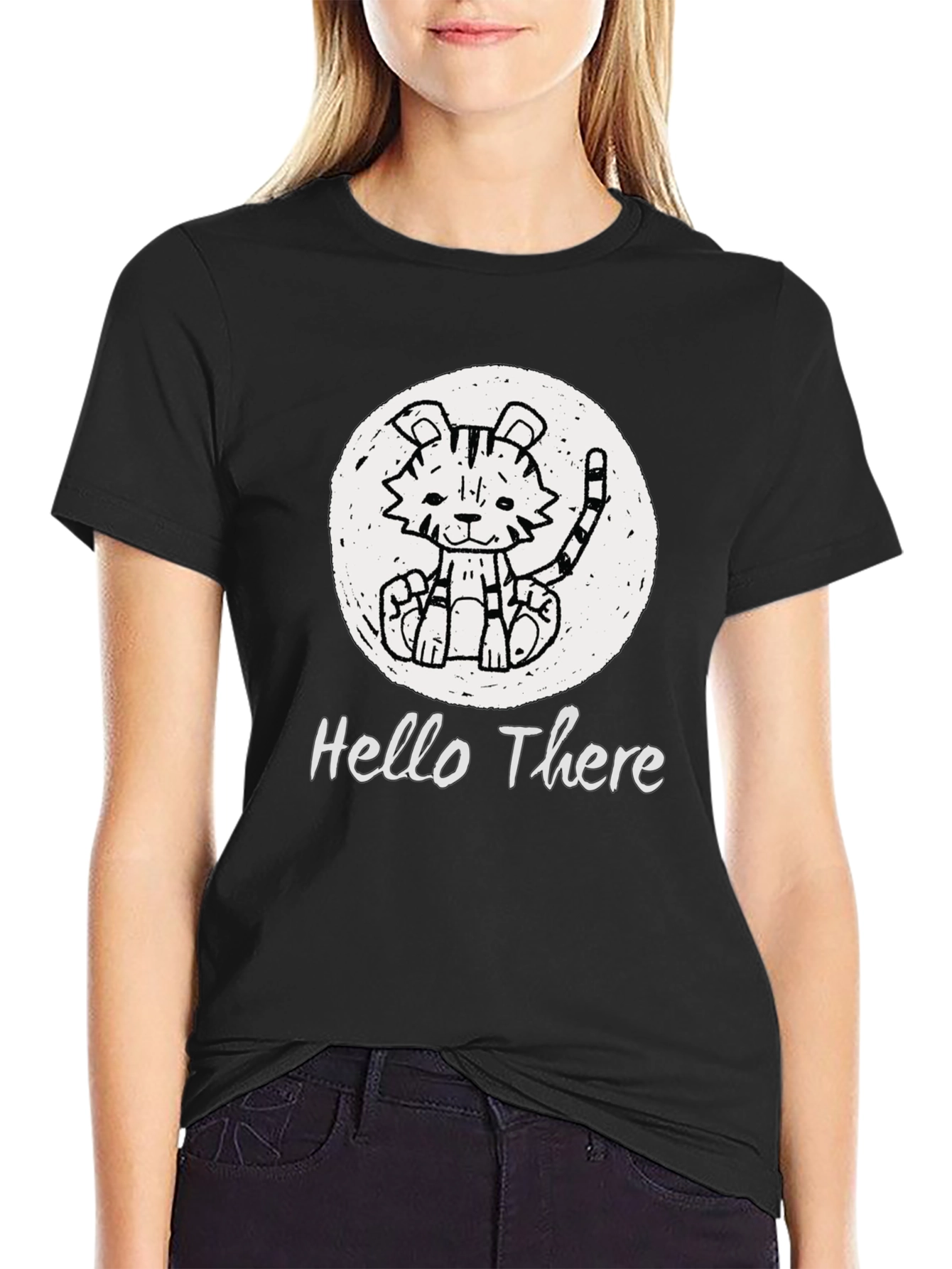 Black Cute Tiger "Hello There" Black Graphic T-Shirt view 2
