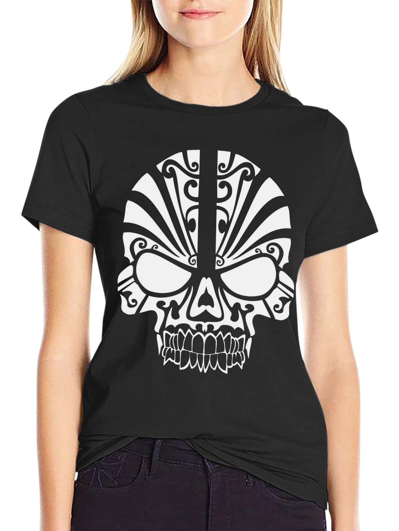 Black Tribal Skull Graphic T-Shirt - Modern Edgy Design view 2